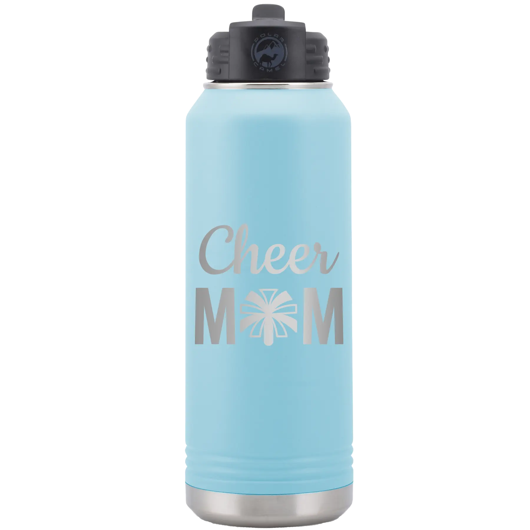 Laser etched light blue 32 oz vacuum insulated water bottle with 'Mom Cheer2' design