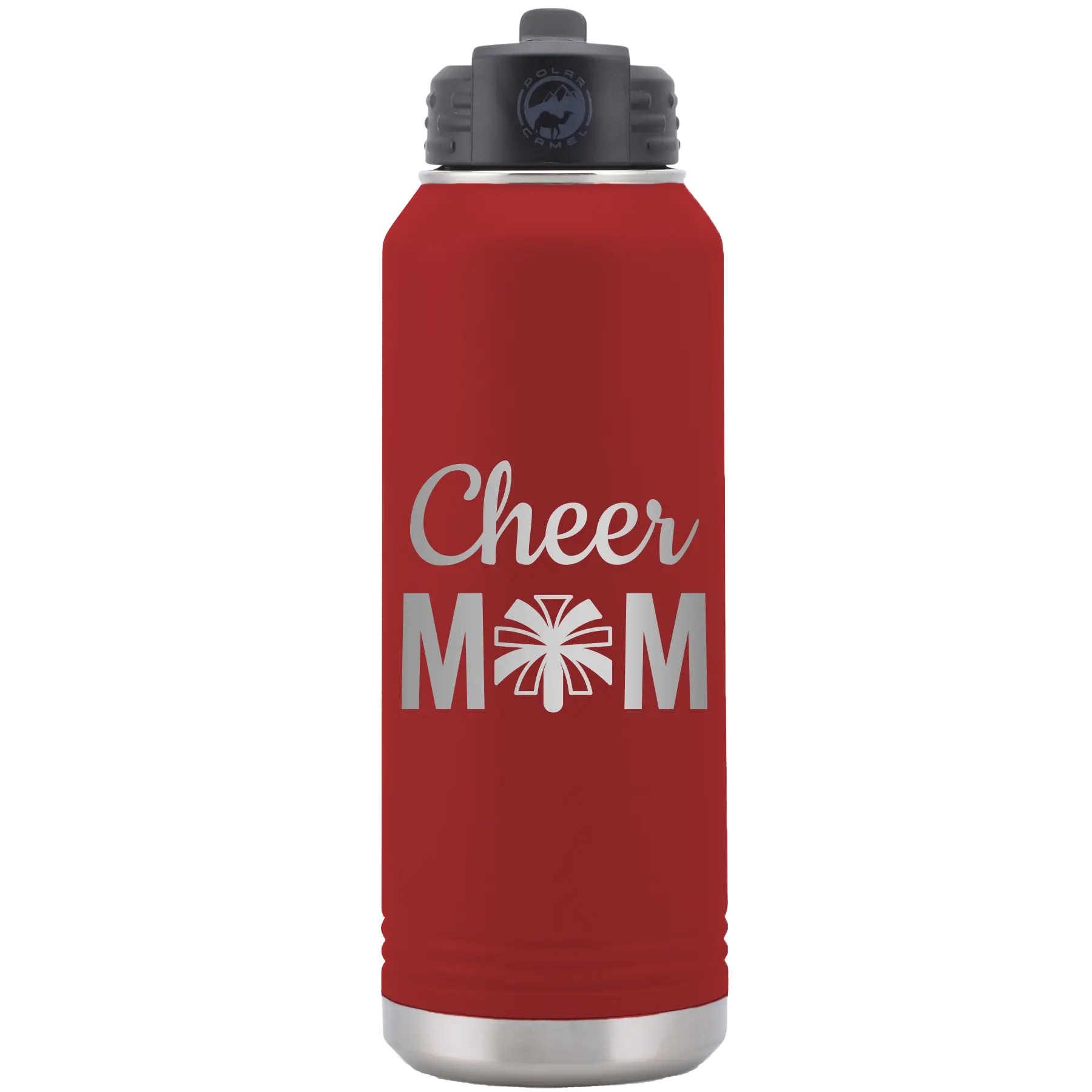 Laser etched maroon 32 oz vacuum insulated water bottle with 'Mom Cheer2' design
