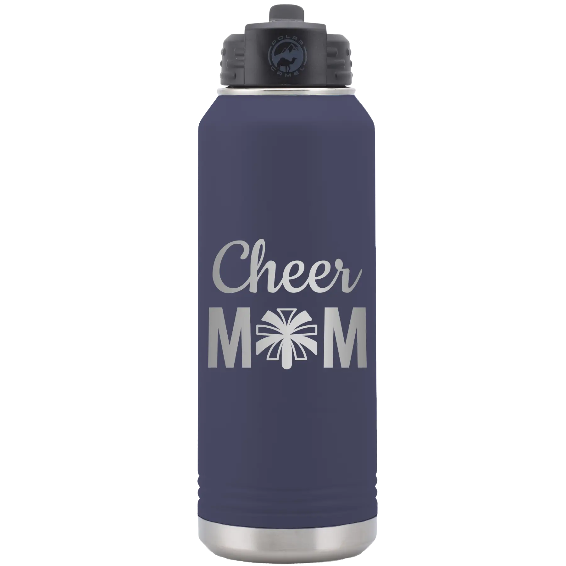 Laser etched navy 32 oz vacuum insulated water bottle with 'Mom Cheer2' design