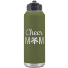 Laser etched olive green 32 oz vacuum insulated water bottle with 'Mom Cheer2' design