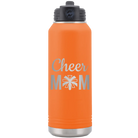 Laser etched orange 32 oz vacuum insulated water bottle with 'Mom Cheer2' design
