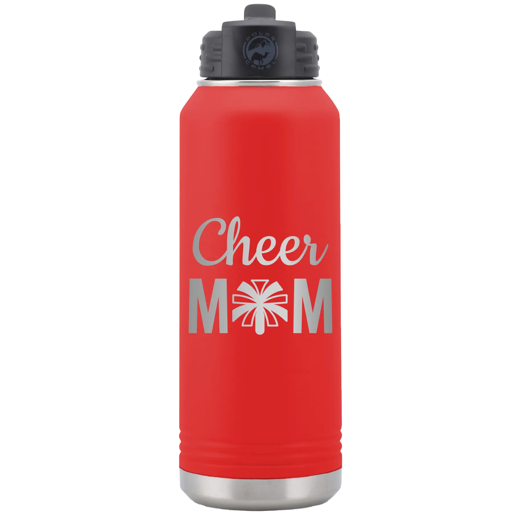 Laser etched red 32 oz vacuum insulated water bottle with 'Mom Cheer2' design