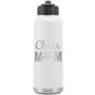 Laser etched white 32 oz vacuum insulated water bottle with 'Mom Cheer2' design