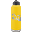 Laser etched yellow 32 oz vacuum insulated water bottle with 'Mom Cheer2' design