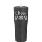 Laser etched black 20 oz vacuum insulated tumbler with 'Mom Cheer2' design