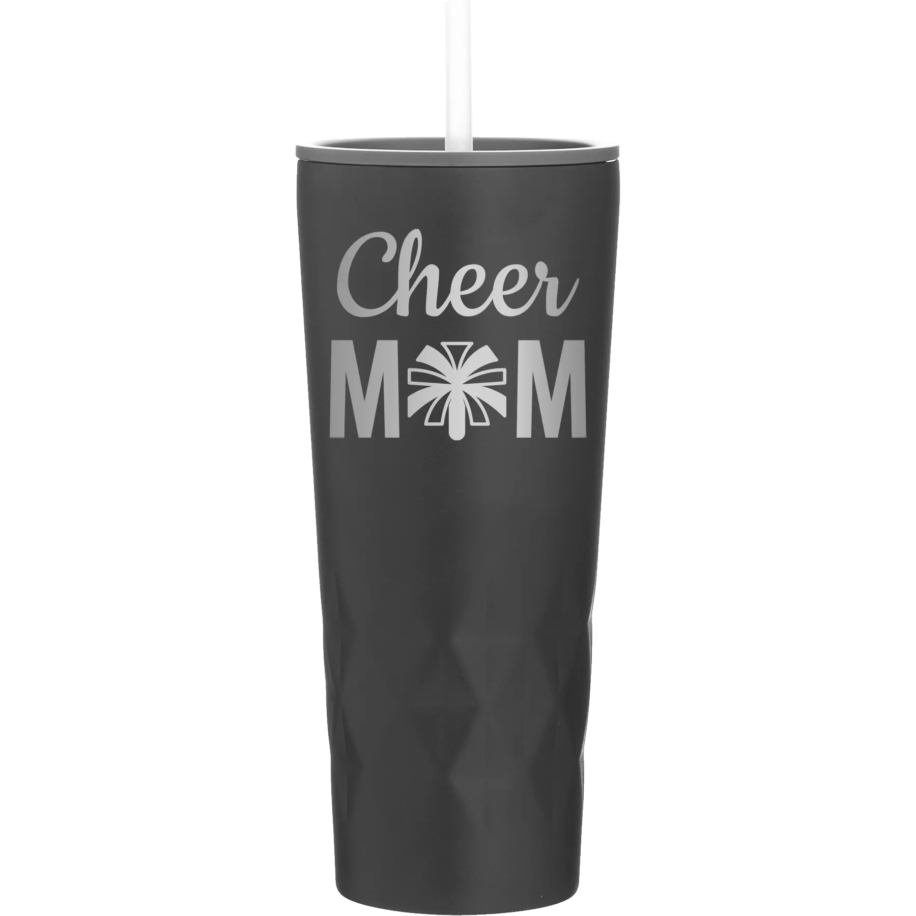 Laser etched black 20 oz vacuum insulated tumbler with 'Mom Cheer2' design