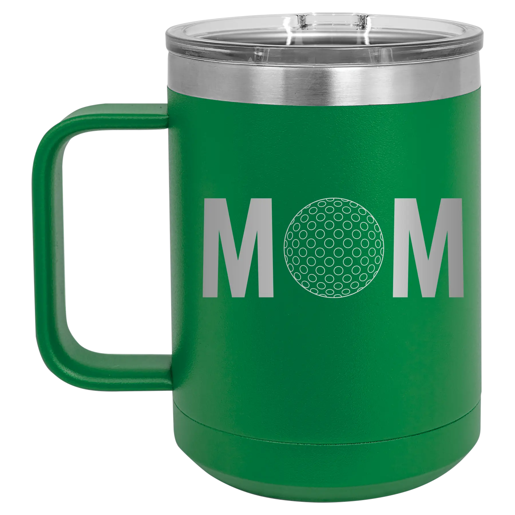 Laser etched green 15 oz vacuum insulated coffee mug with 'Mom Golf' design