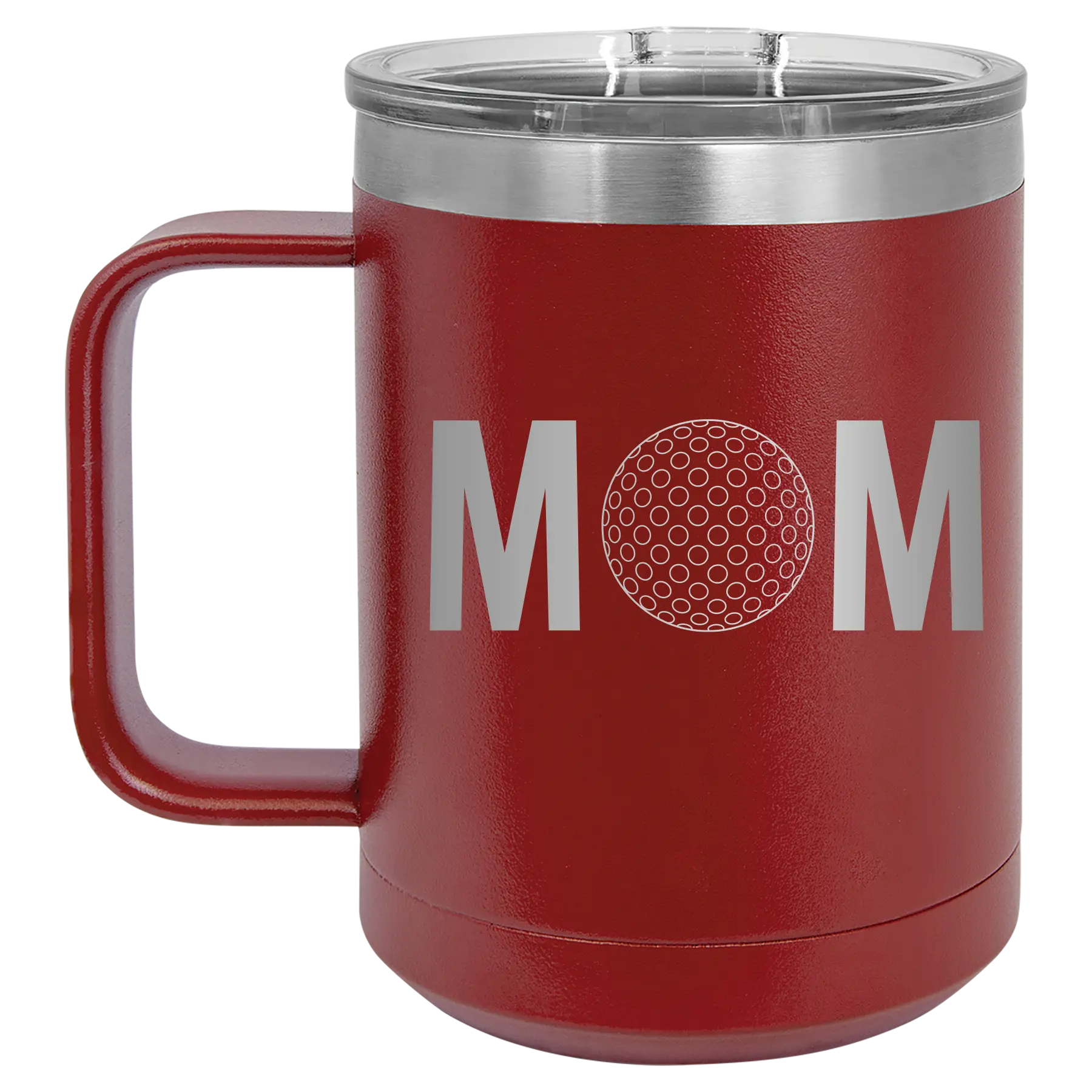 Laser etched maroon 15 oz vacuum insulated coffee mug with 'Mom Golf' design