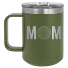 Laser etched olive green 15 oz vacuum insulated coffee mug with 'Mom Golf' design