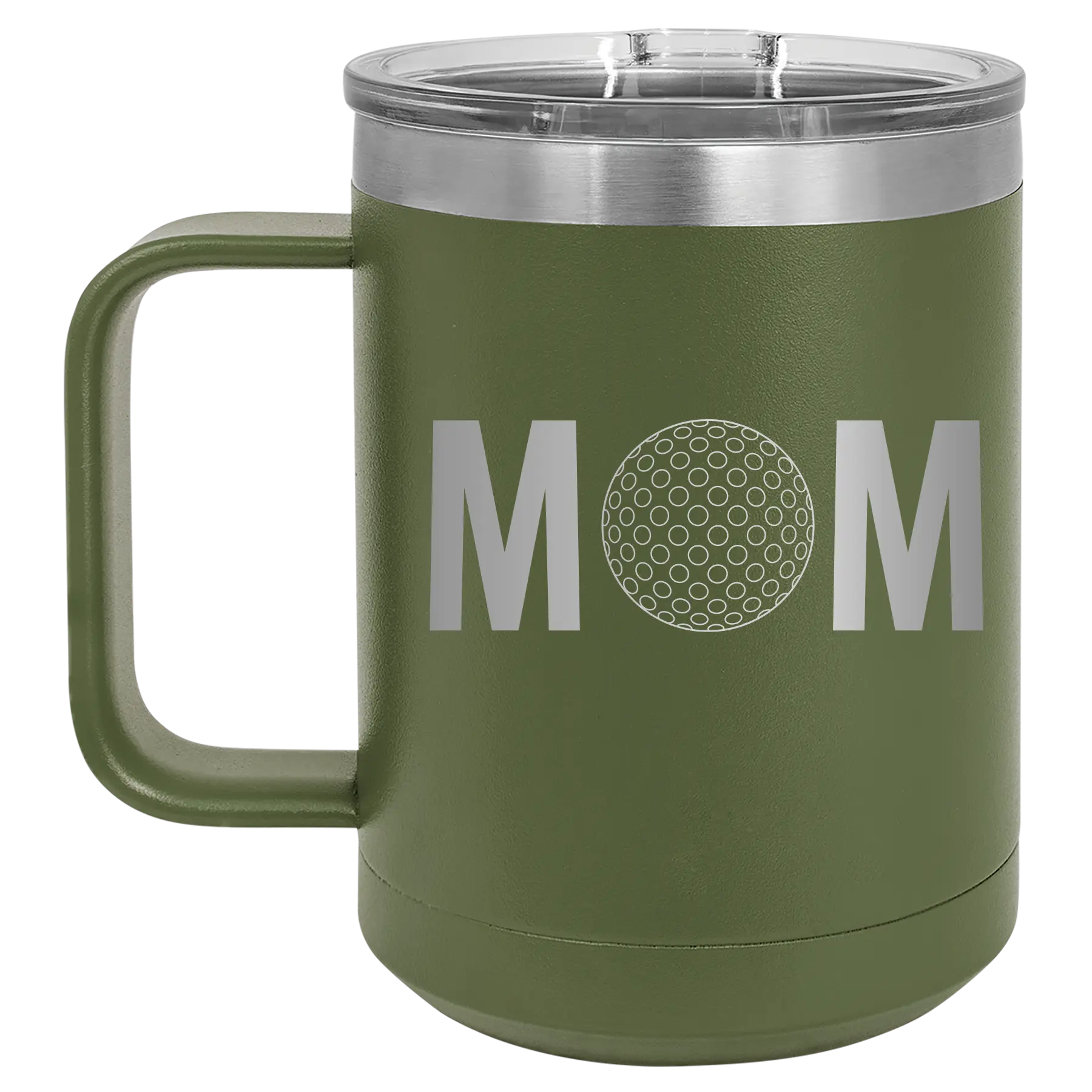 Laser etched olive green 15 oz vacuum insulated coffee mug with 'Mom Golf' design