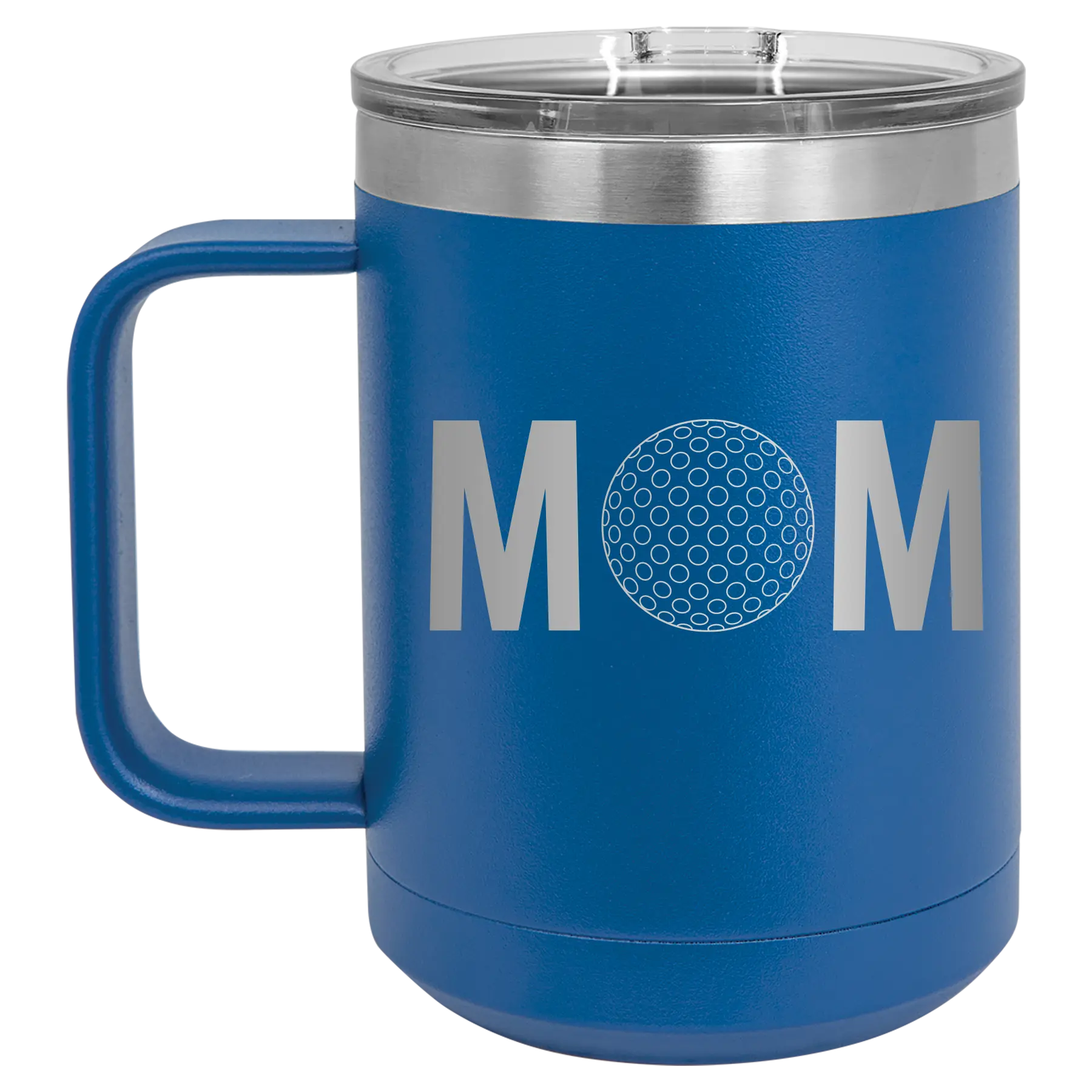Laser etched royal blue 15 oz vacuum insulated coffee mug with 'Mom Golf' design