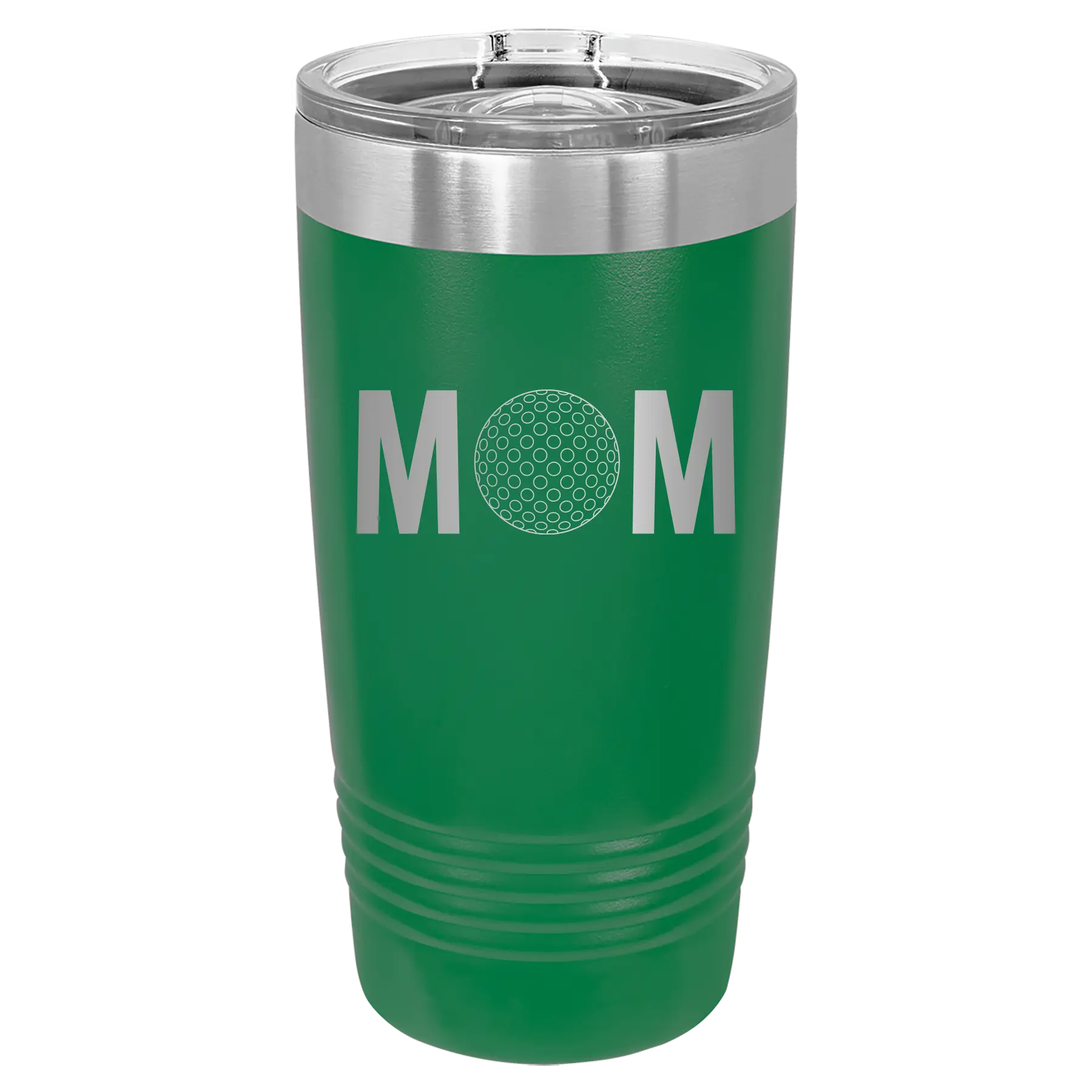 Laser etched green 20 oz vacuum insulated tumbler with 'Mom Golf' design