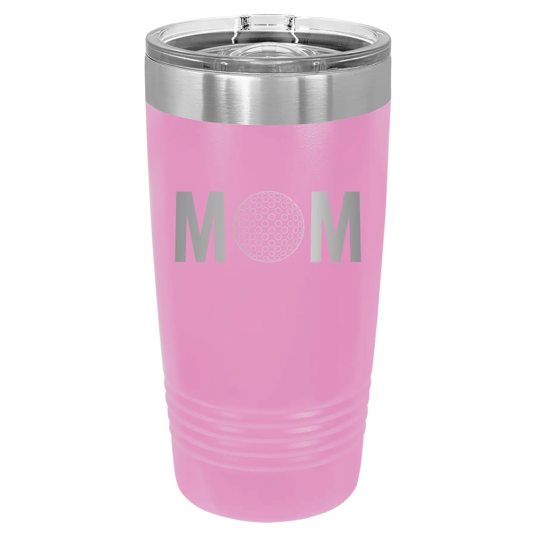 Laser etched light purple 20 oz vacuum insulated tumbler with 'Mom Golf' design