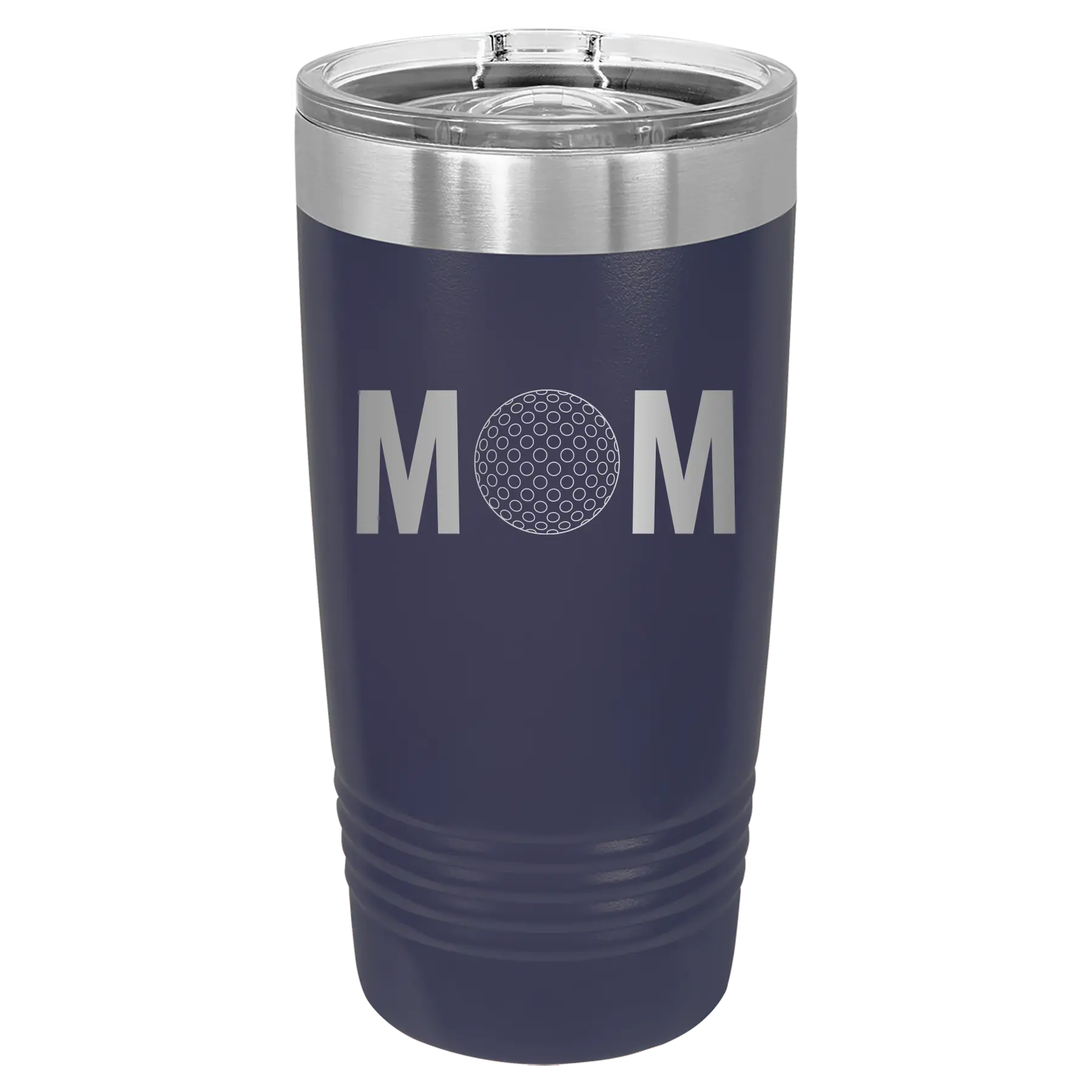 Laser etched navy 20 oz vacuum insulated tumbler with 'Mom Golf' design