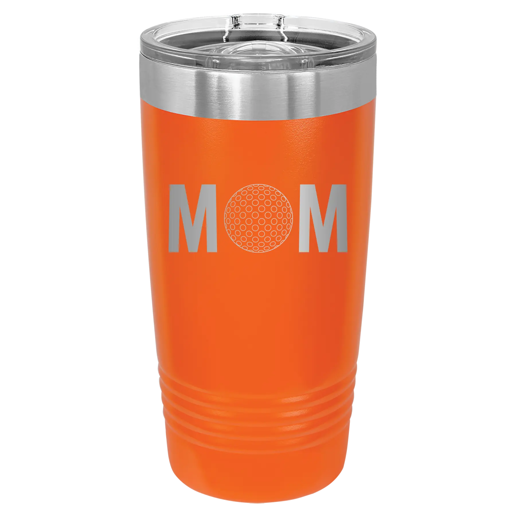 Laser etched orange 20 oz vacuum insulated tumbler with 'Mom Golf' design
