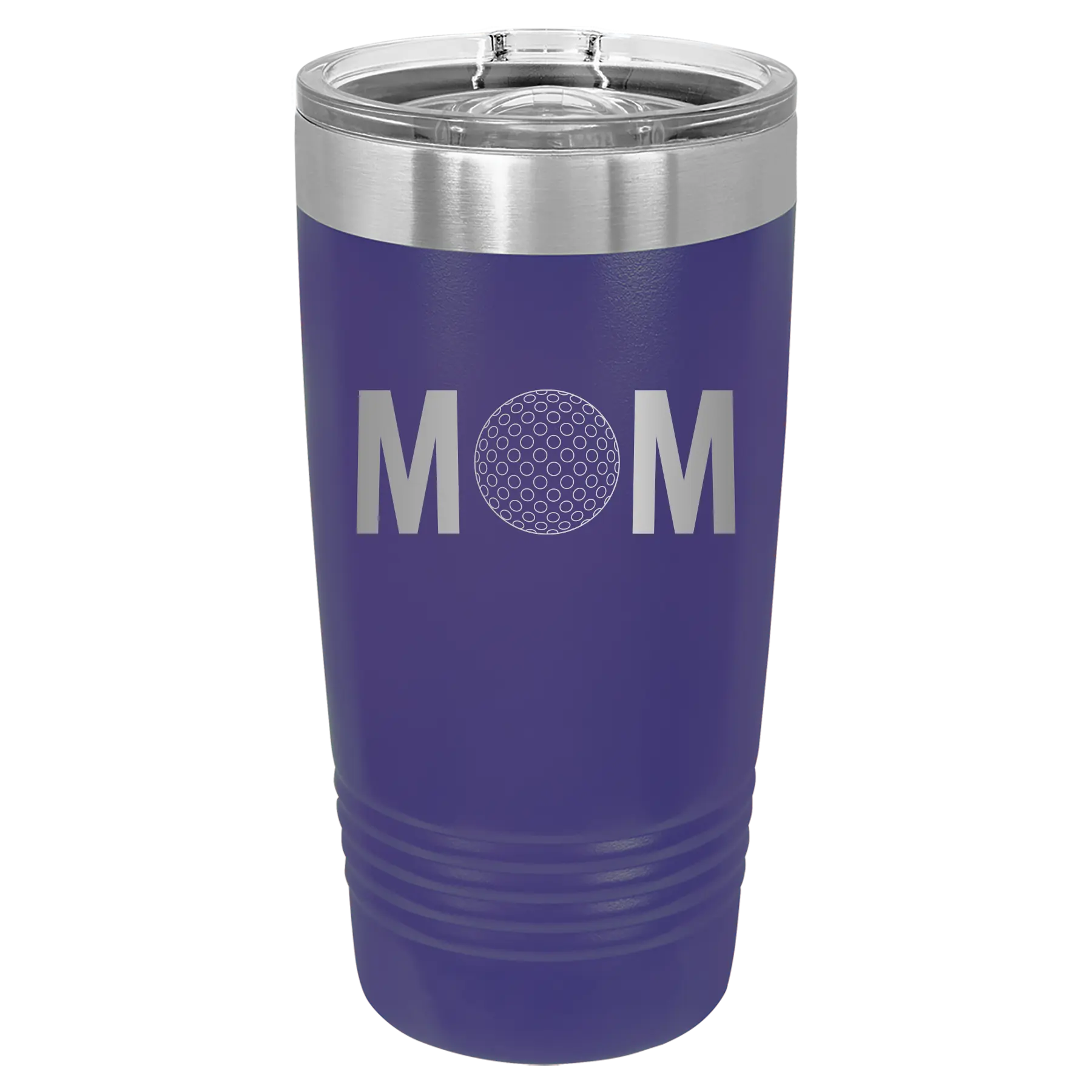 Laser etched purple 20 oz vacuum insulated tumbler with 'Mom Golf' design