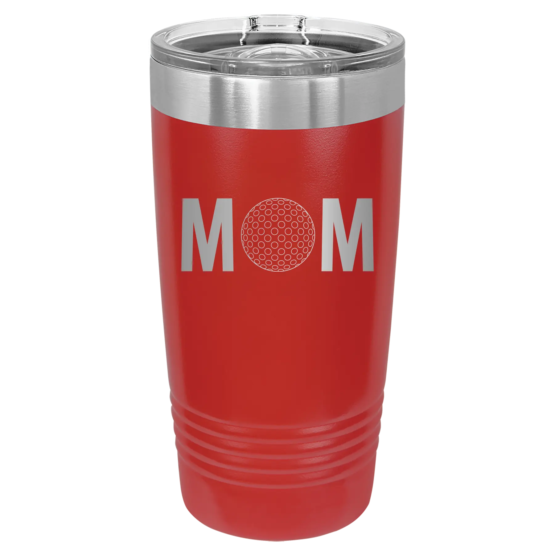 Laser etched red 20 oz vacuum insulated tumbler with 'Mom Golf' design