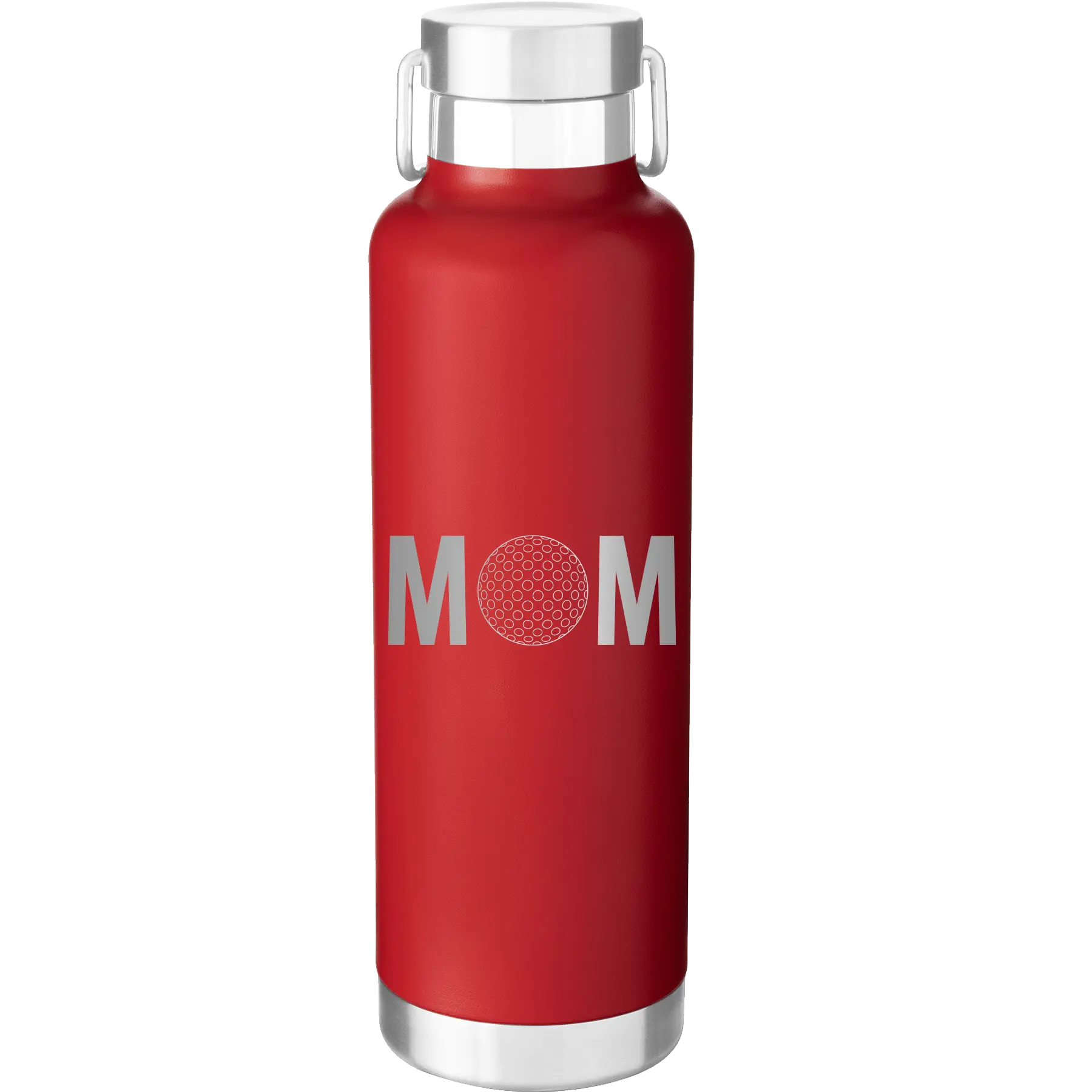 Laser etched red 24 oz vacuum insulated water bottle with 'Mom Golf' design