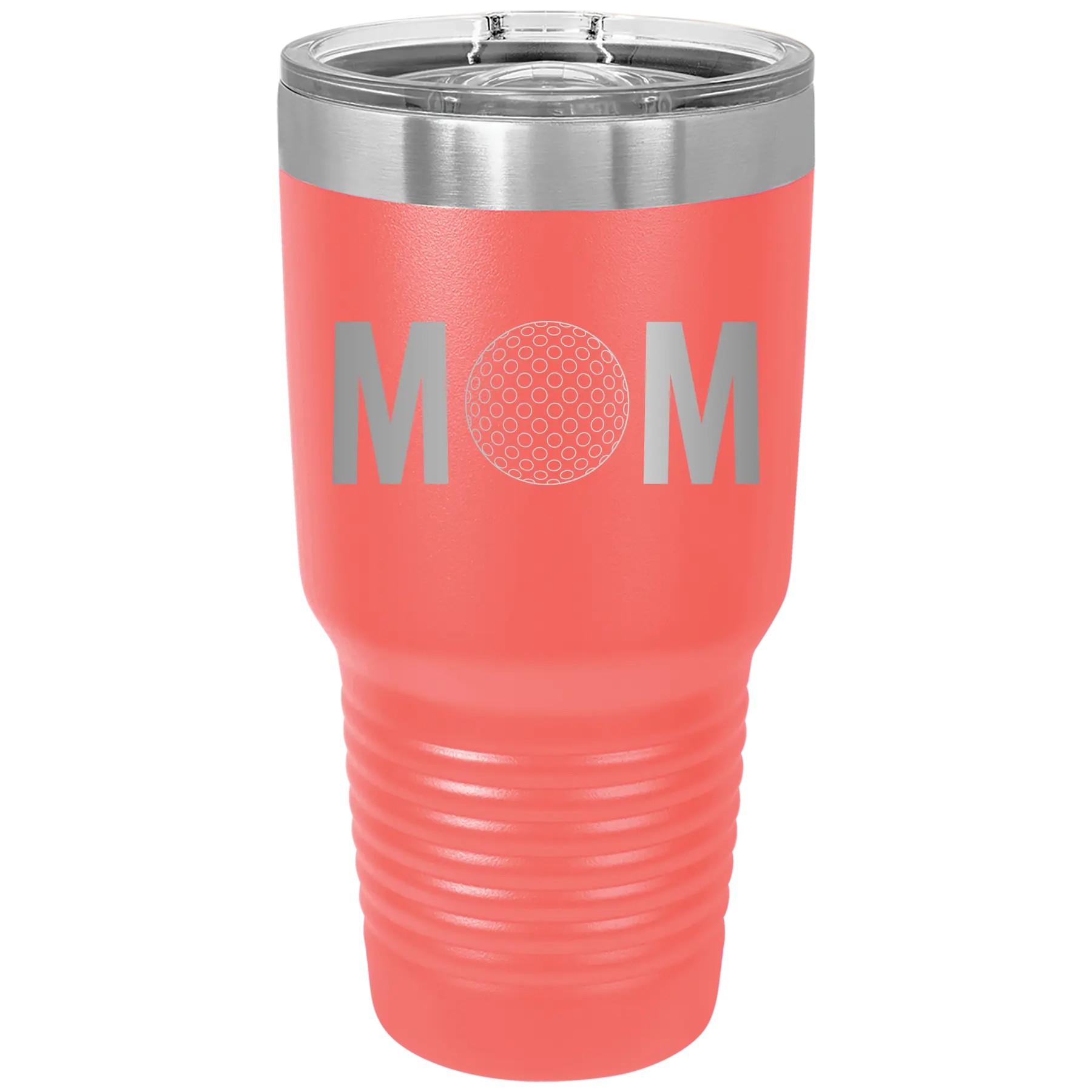 Laser etched coral 30 oz vacuum insulated tumbler with 'Mom Golf' design