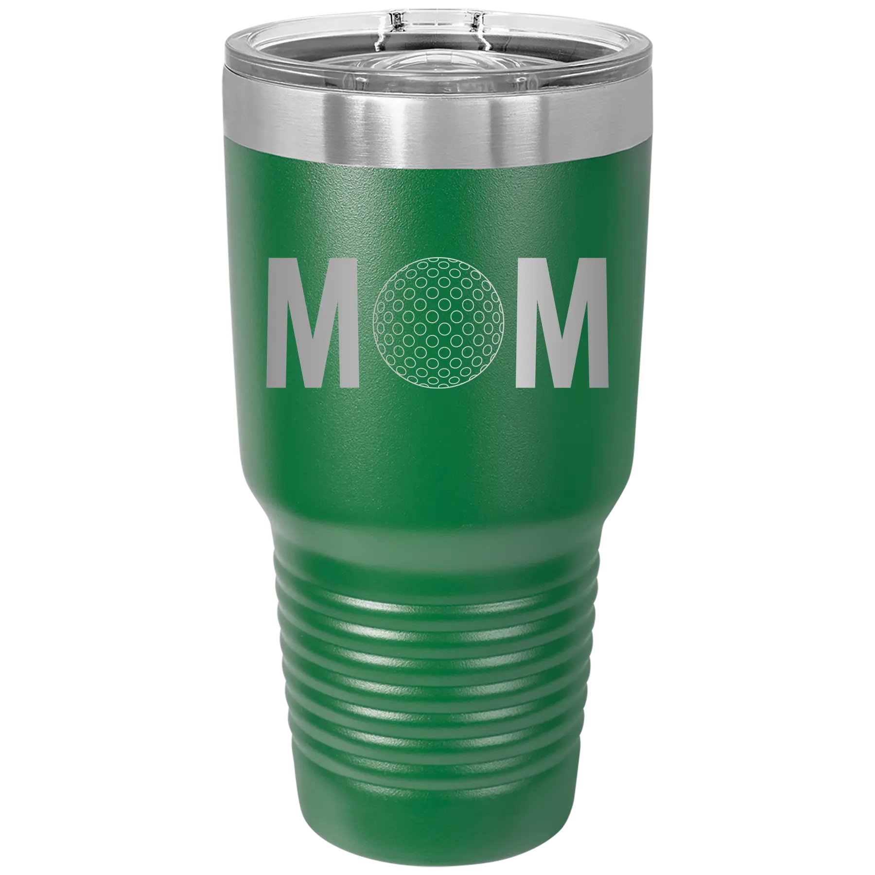Laser etched green 30 oz vacuum insulated tumbler with 'Mom Golf' design