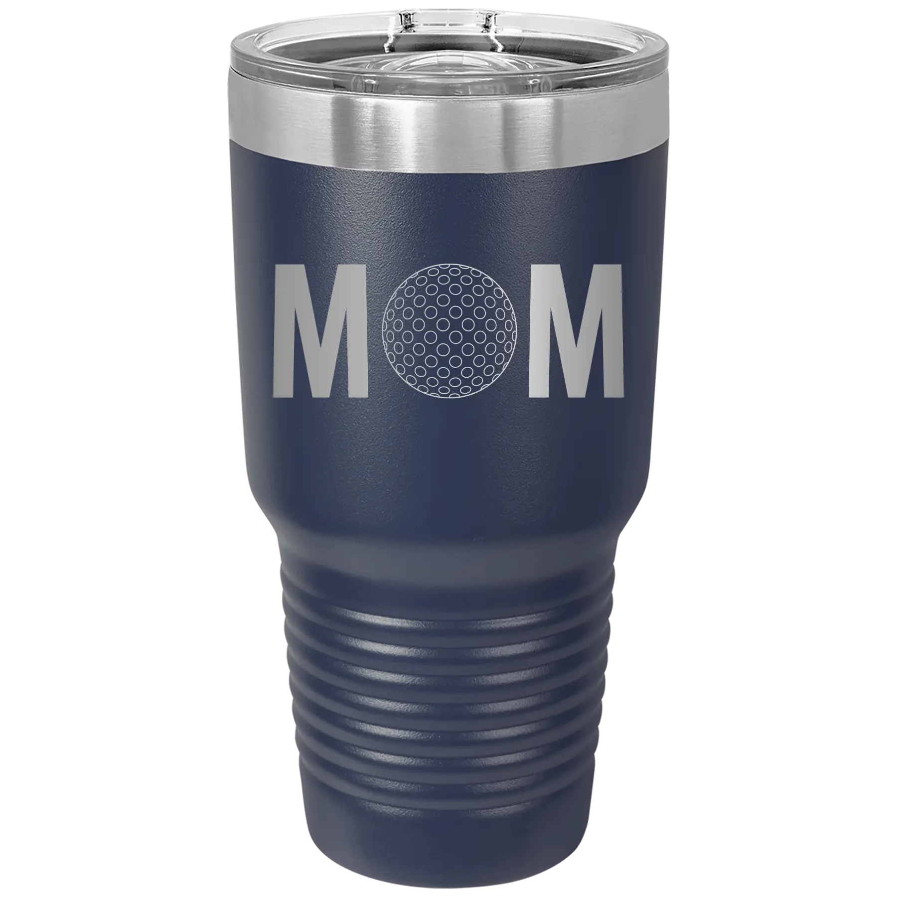 Laser etched navy 30 oz vacuum insulated tumbler with 'Mom Golf' design