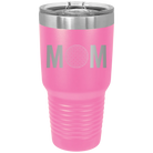 Laser etched pink 30 oz vacuum insulated tumbler with 'Mom Golf' design
