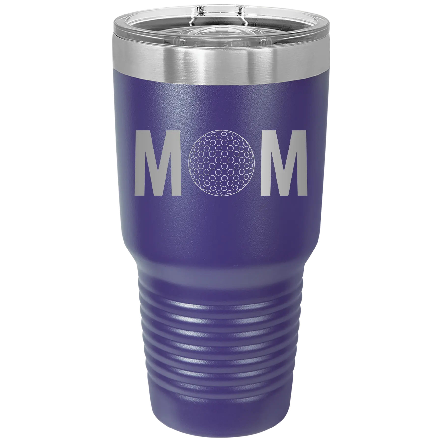 Laser etched purple 30 oz vacuum insulated tumbler with 'Mom Golf' design