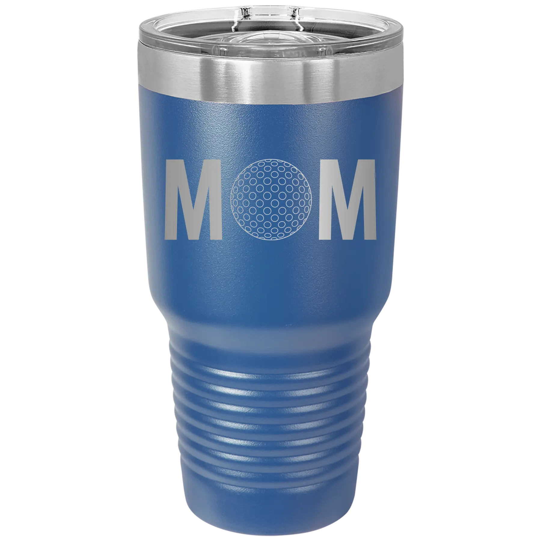Laser etched royal blue 30 oz vacuum insulated tumbler with 'Mom Golf' design