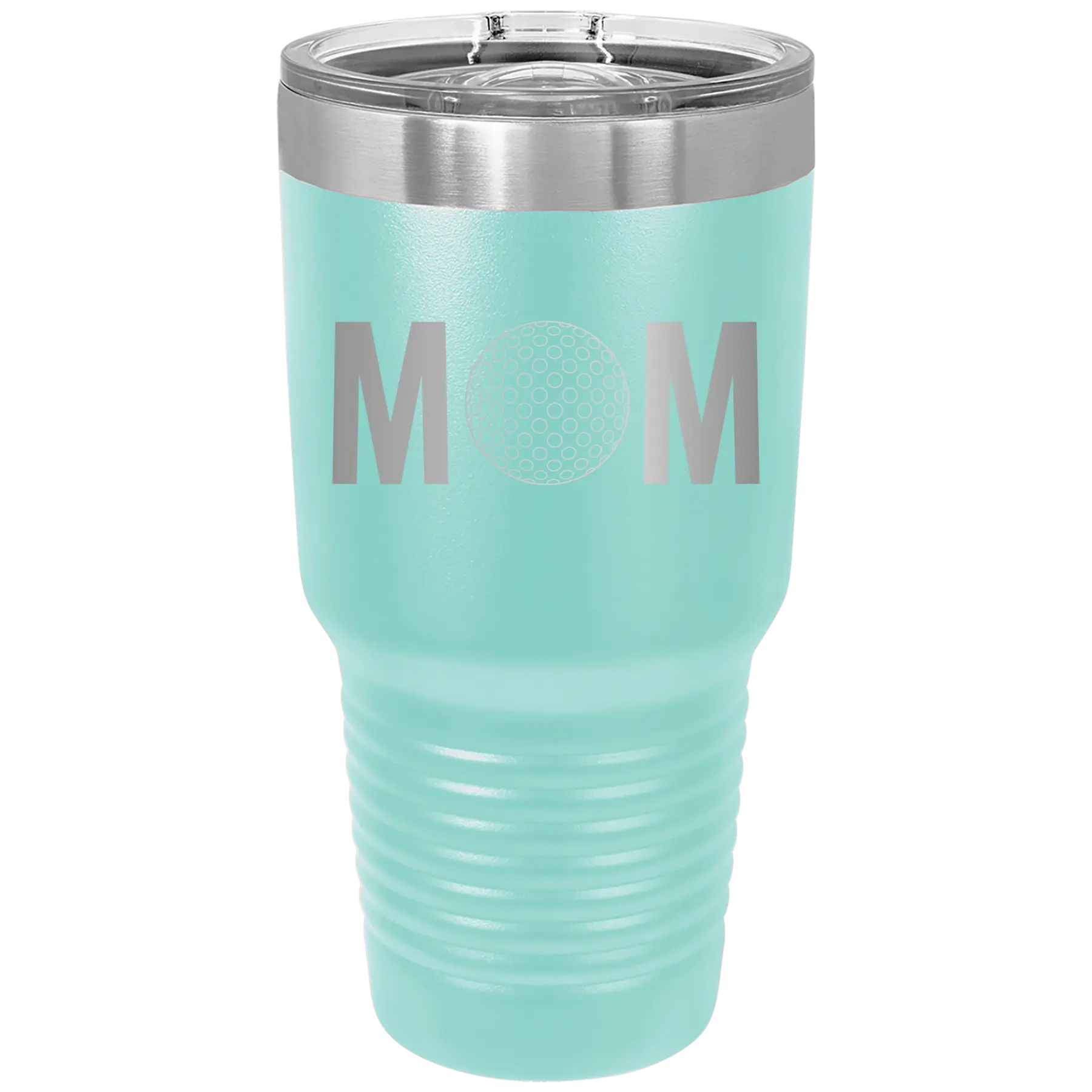 Laser etched teal 30 oz vacuum insulated tumbler with 'Mom Golf' design