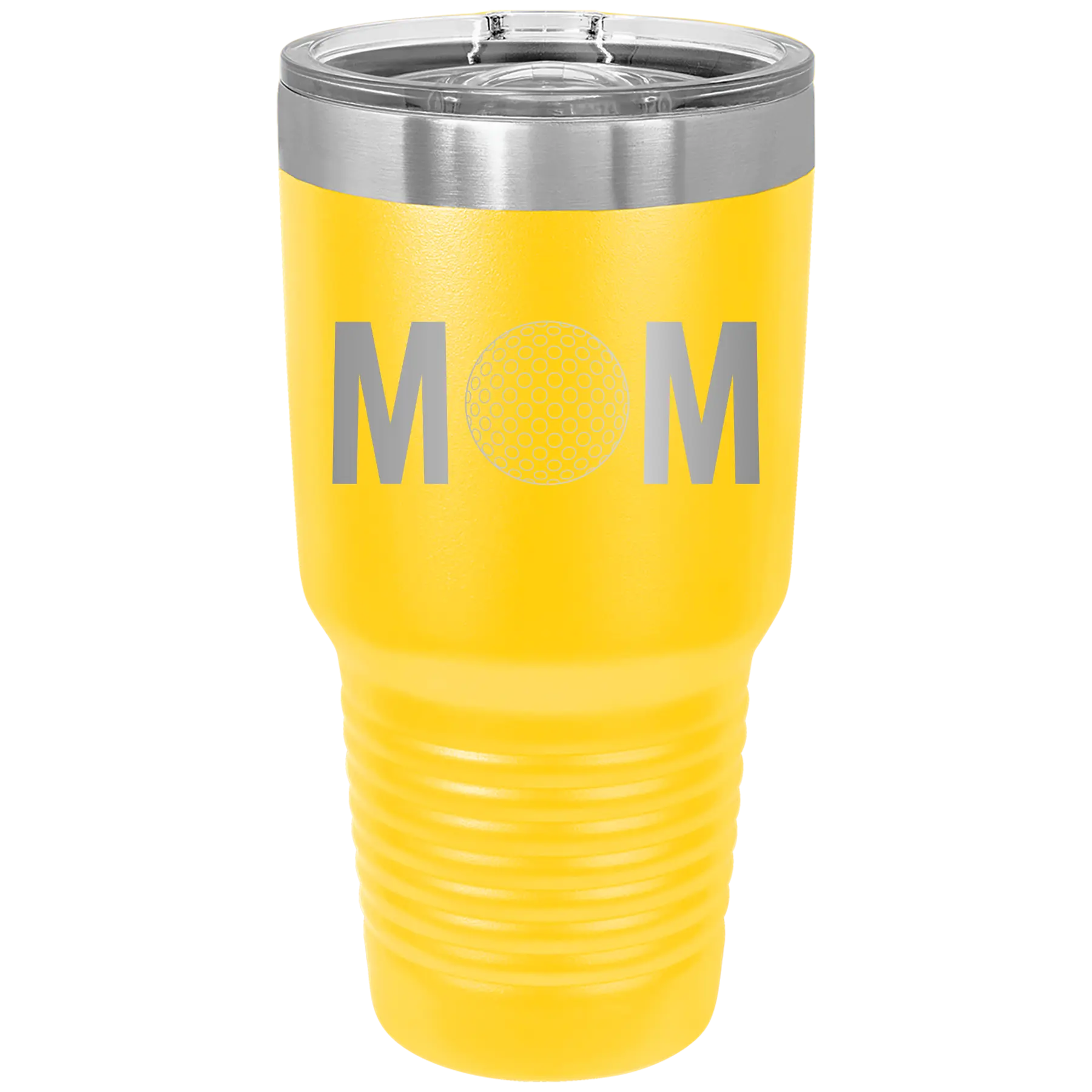 Laser etched yellow 30 oz vacuum insulated tumbler with 'Mom Golf' design