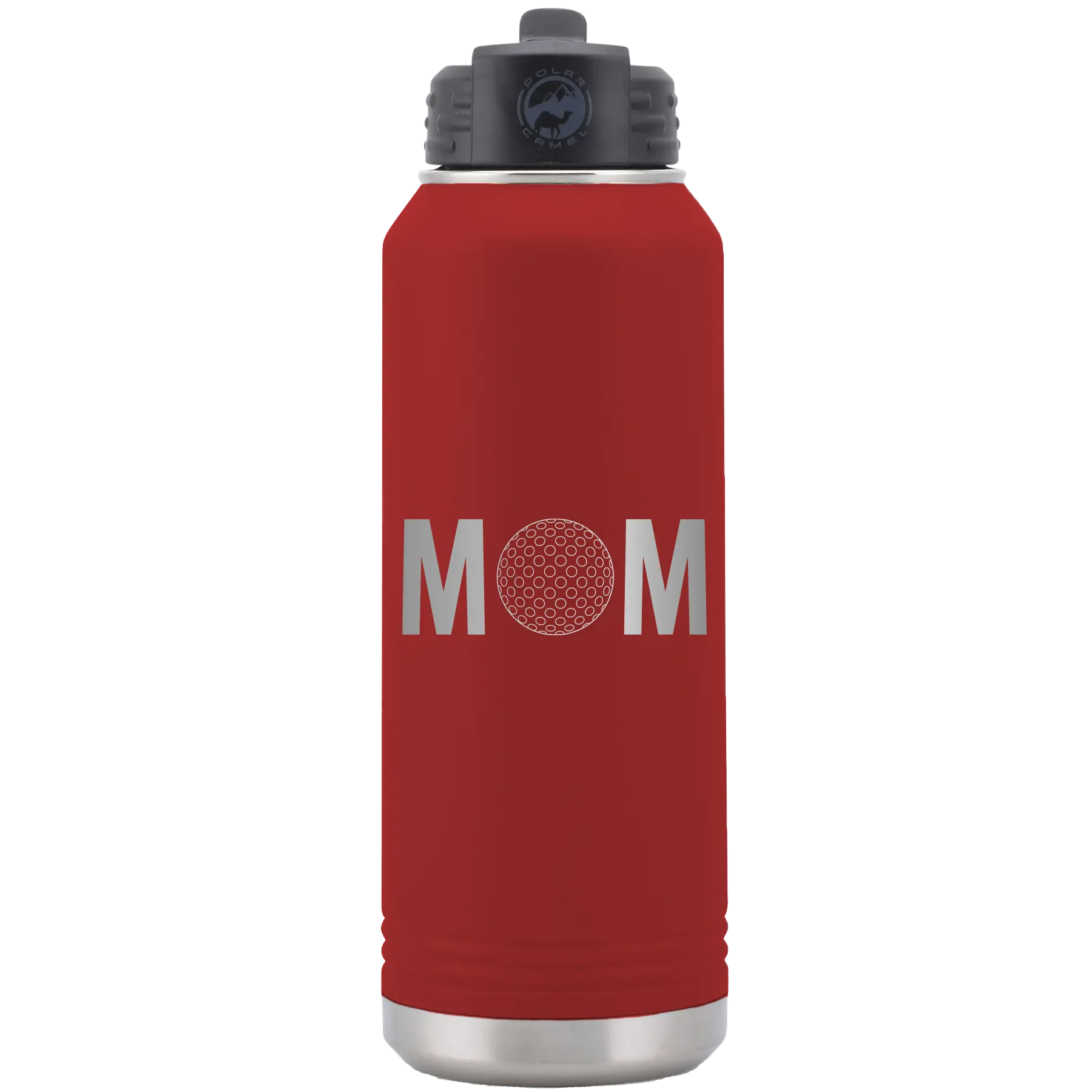 Laser etched maroon 32 oz vacuum insulated water bottle with 'Mom Golf' design