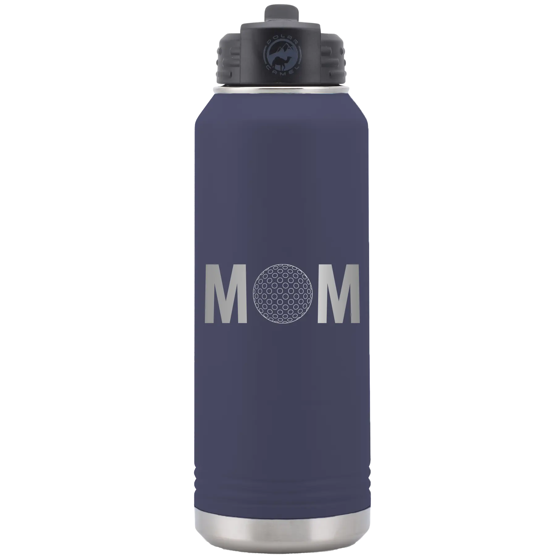 Laser etched navy 32 oz vacuum insulated water bottle with 'Mom Golf' design