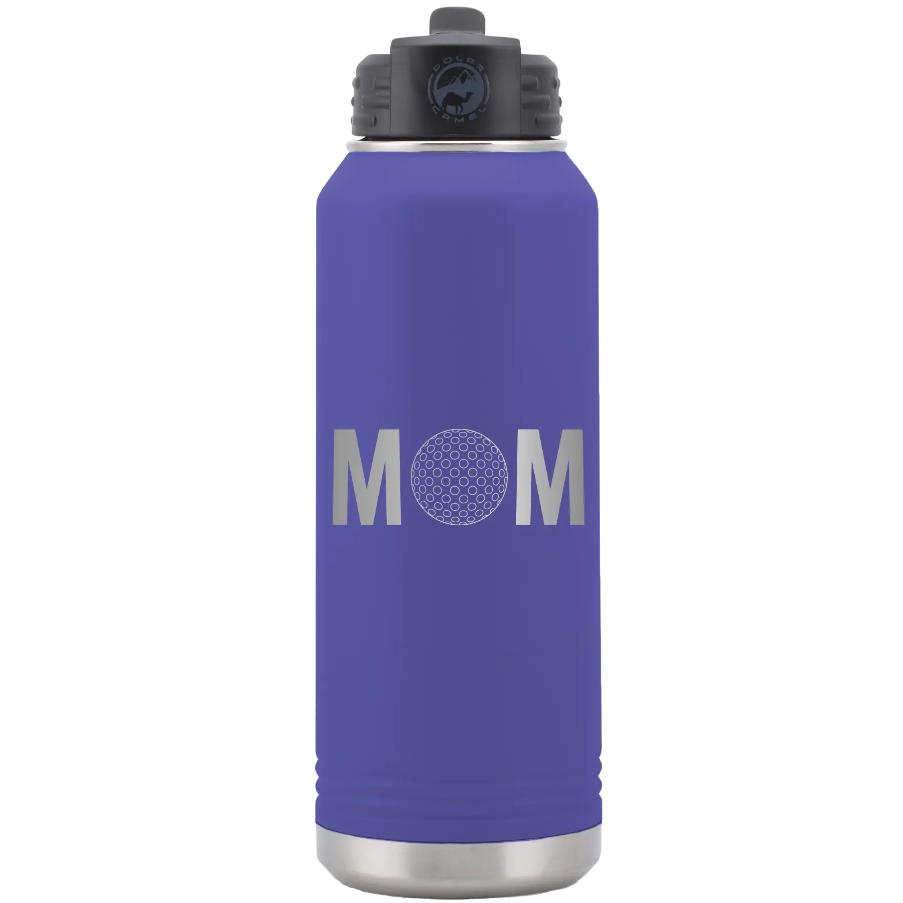 Laser etched purple 32 oz vacuum insulated water bottle with 'Mom Golf' design