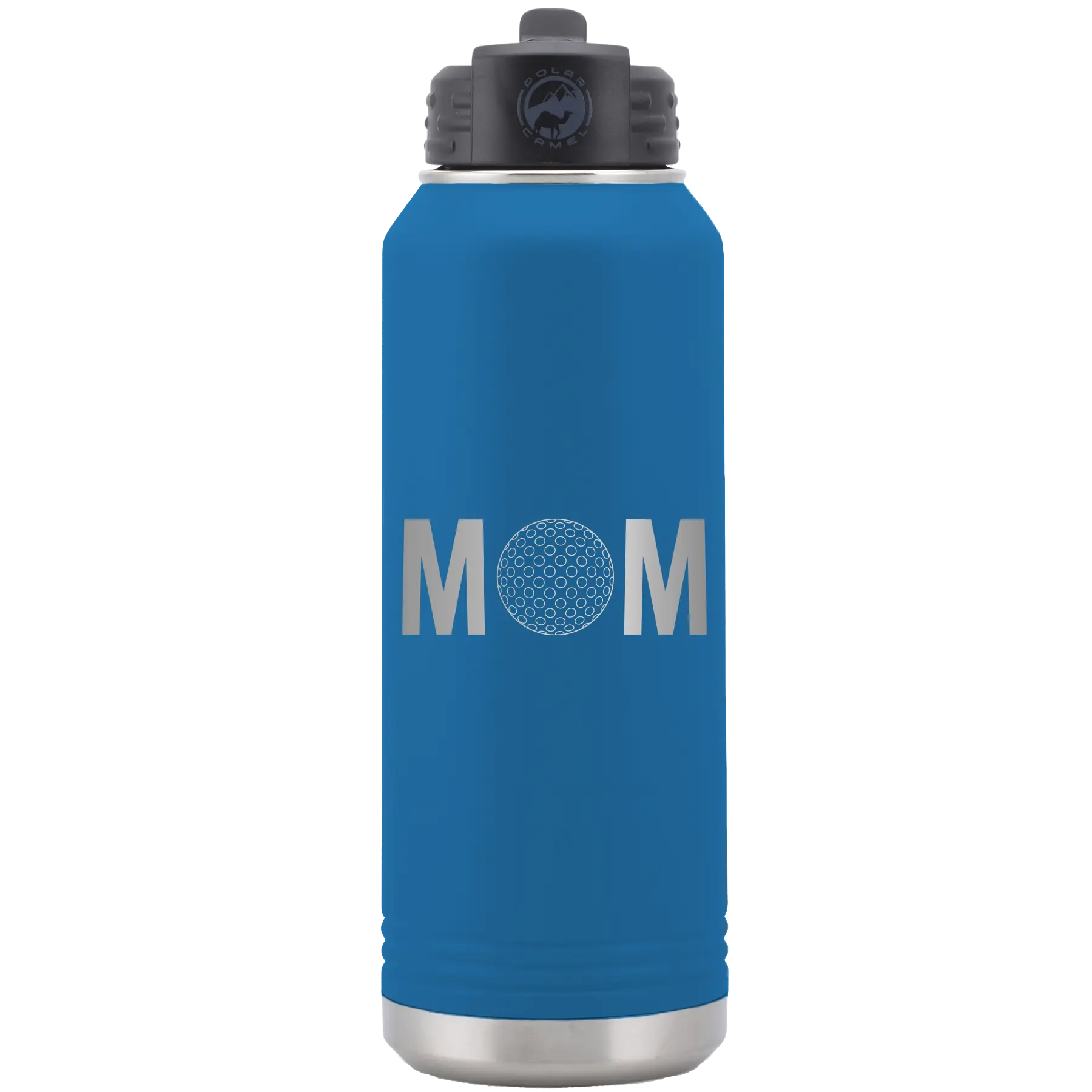 Laser etched royal blue 32 oz vacuum insulated water bottle with 'Mom Golf' design