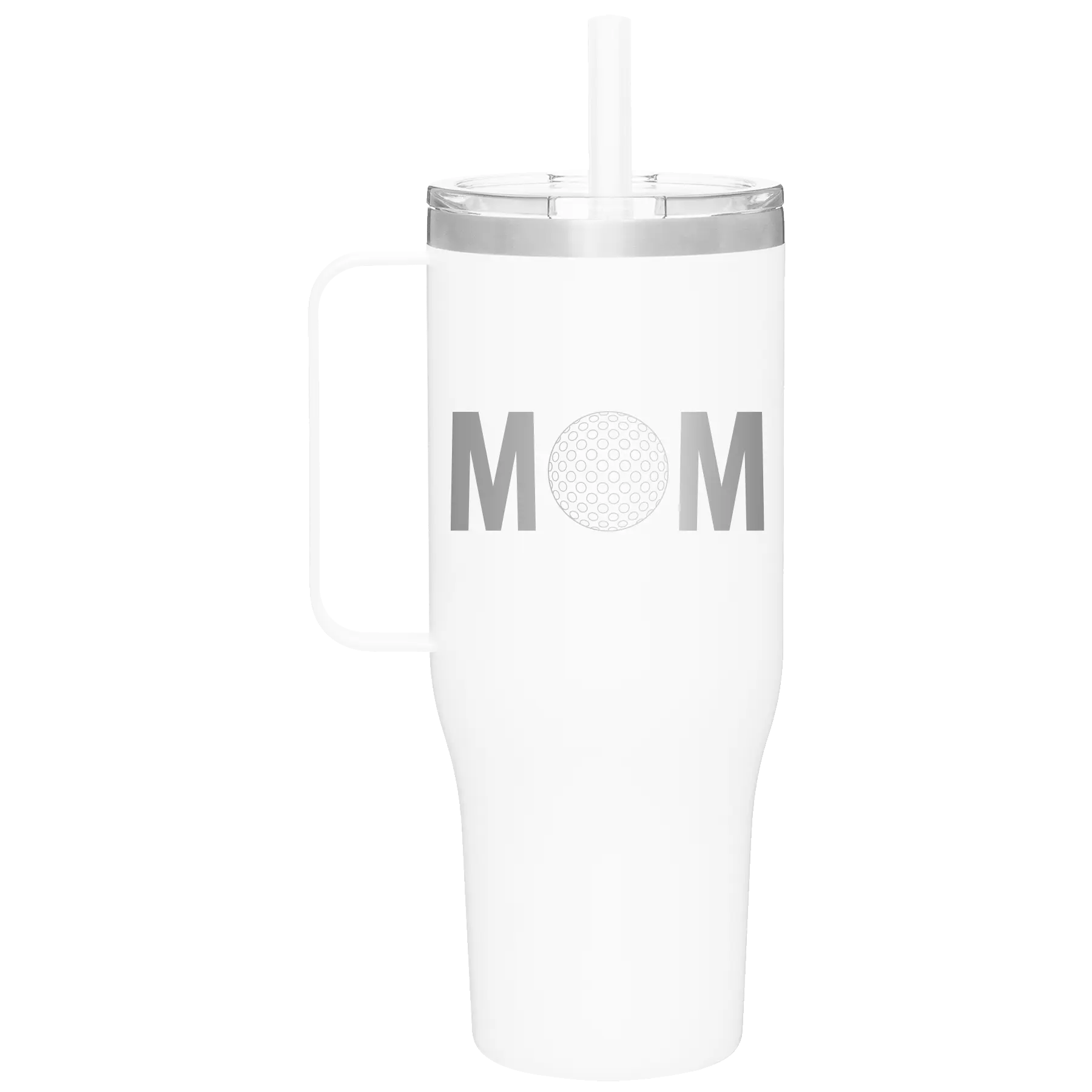 Laser etched white 40 oz vacuum insulated tumbler mug with 'Mom Golf' design