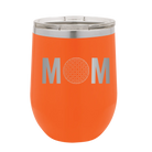 Laser etched orange 12 oz vacuum insulated wine cup with 'Mom Golf' design