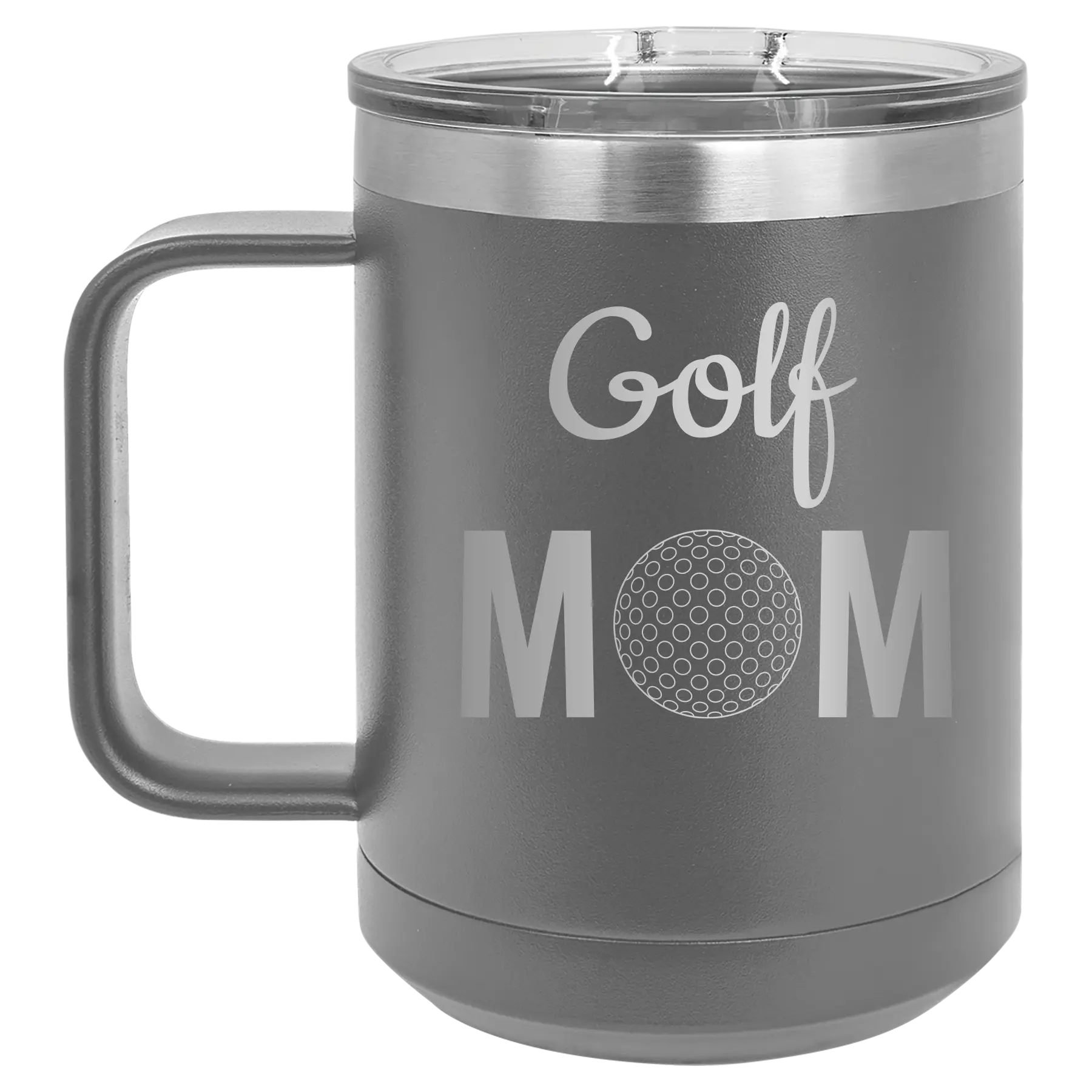 Laser etched dark gray 15 oz vacuum insulated coffee mug with 'Mom Golf2' design