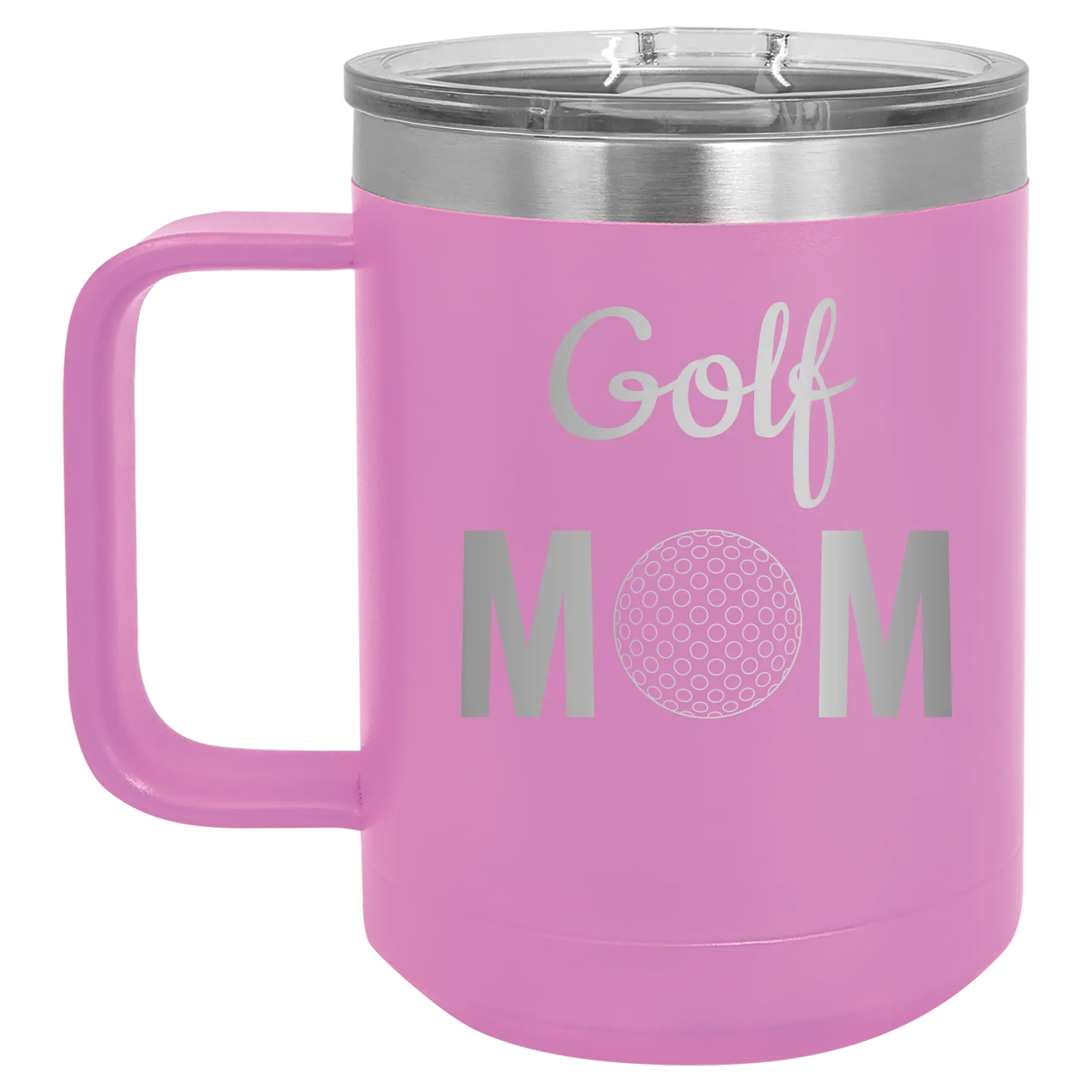 Laser etched light purple 15 oz vacuum insulated coffee mug with 'Mom Golf2' design