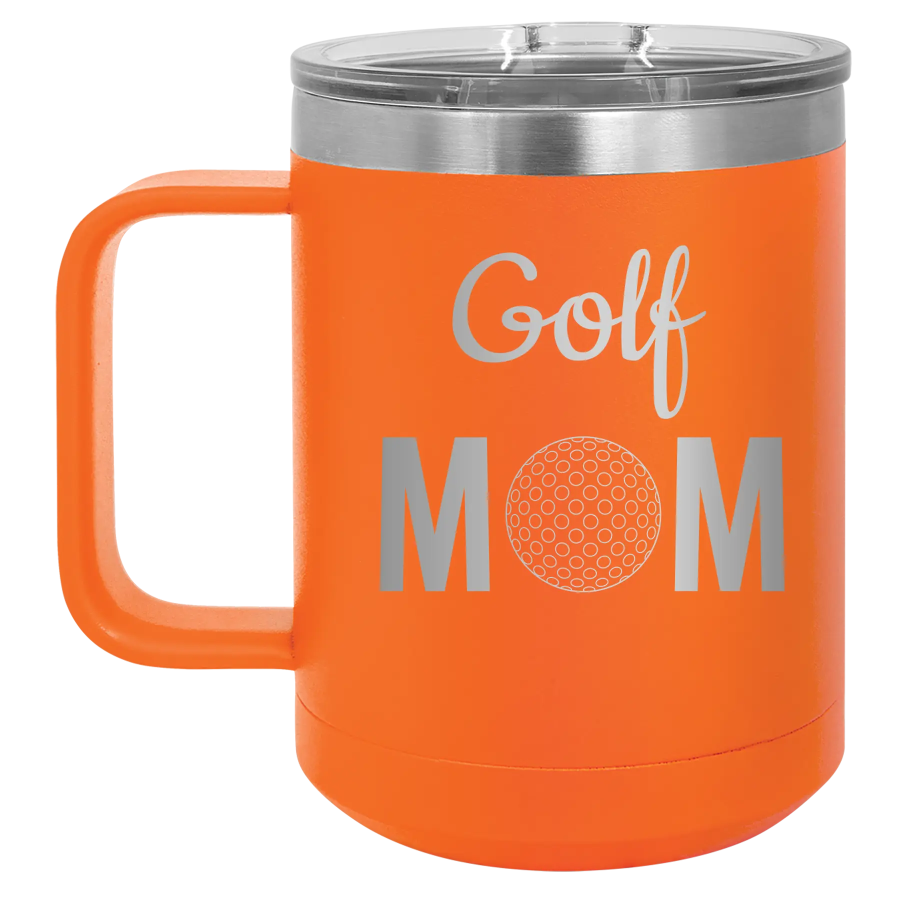 Laser etched orange 15 oz vacuum insulated coffee mug with 'Mom Golf2' design