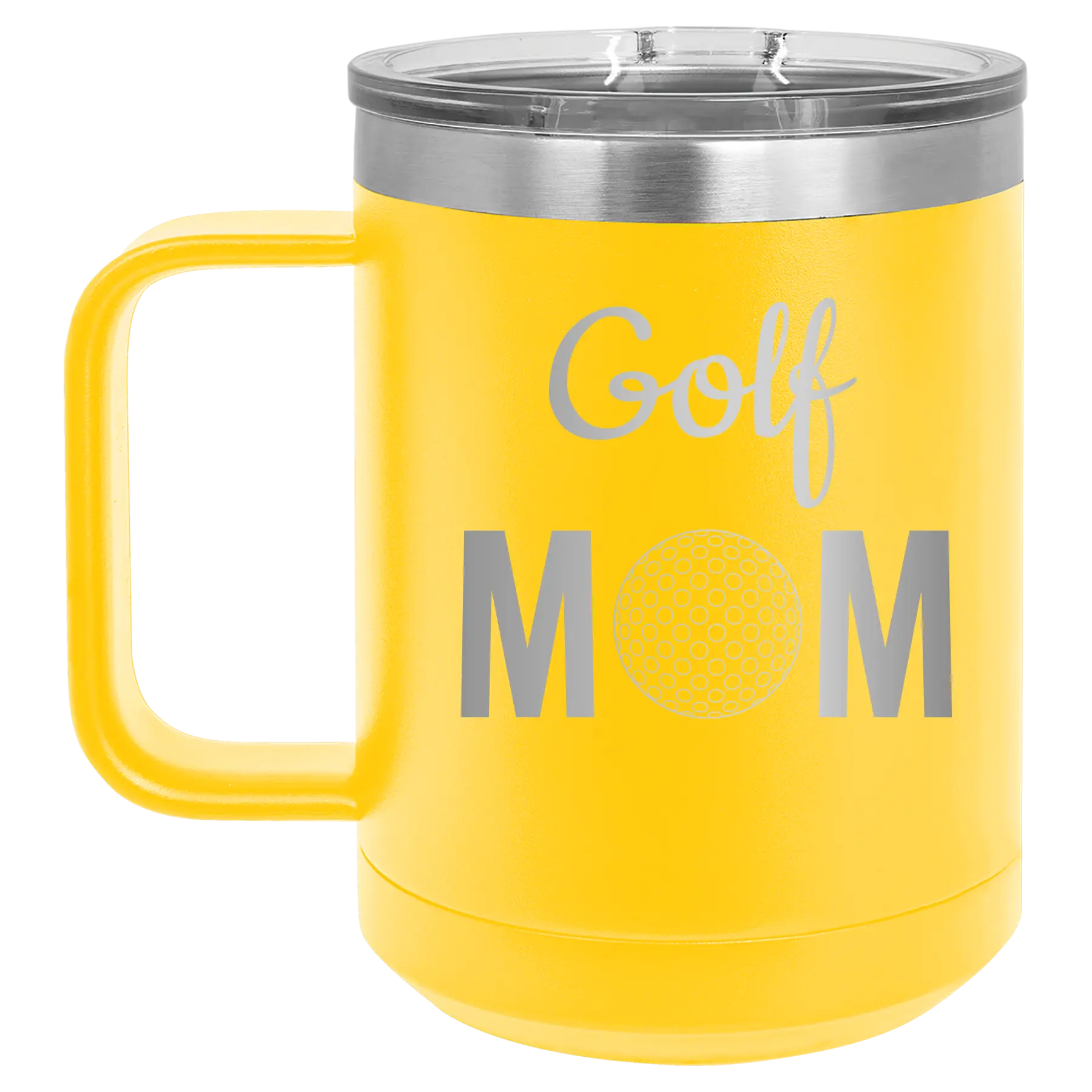 Laser etched yellow 15 oz vacuum insulated coffee mug with 'Mom Golf2' design