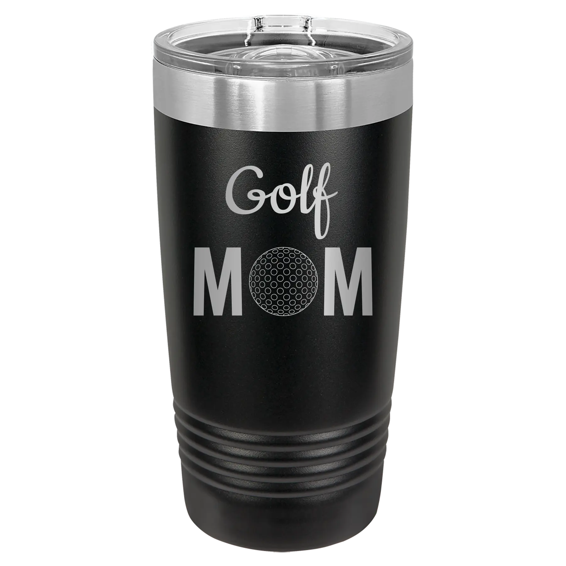Laser etched black 20 oz vacuum insulated tumbler with 'Mom Golf2' design
