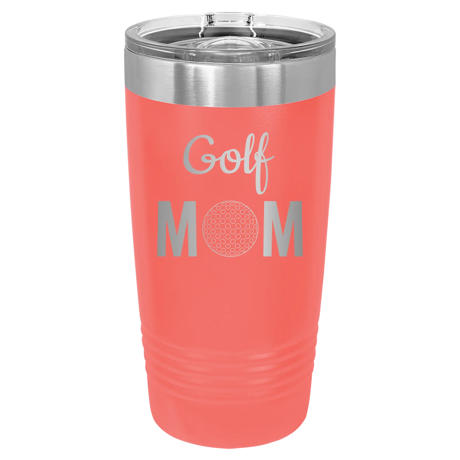 Laser etched coral 20 oz vacuum insulated tumbler with 'Mom Golf2' design