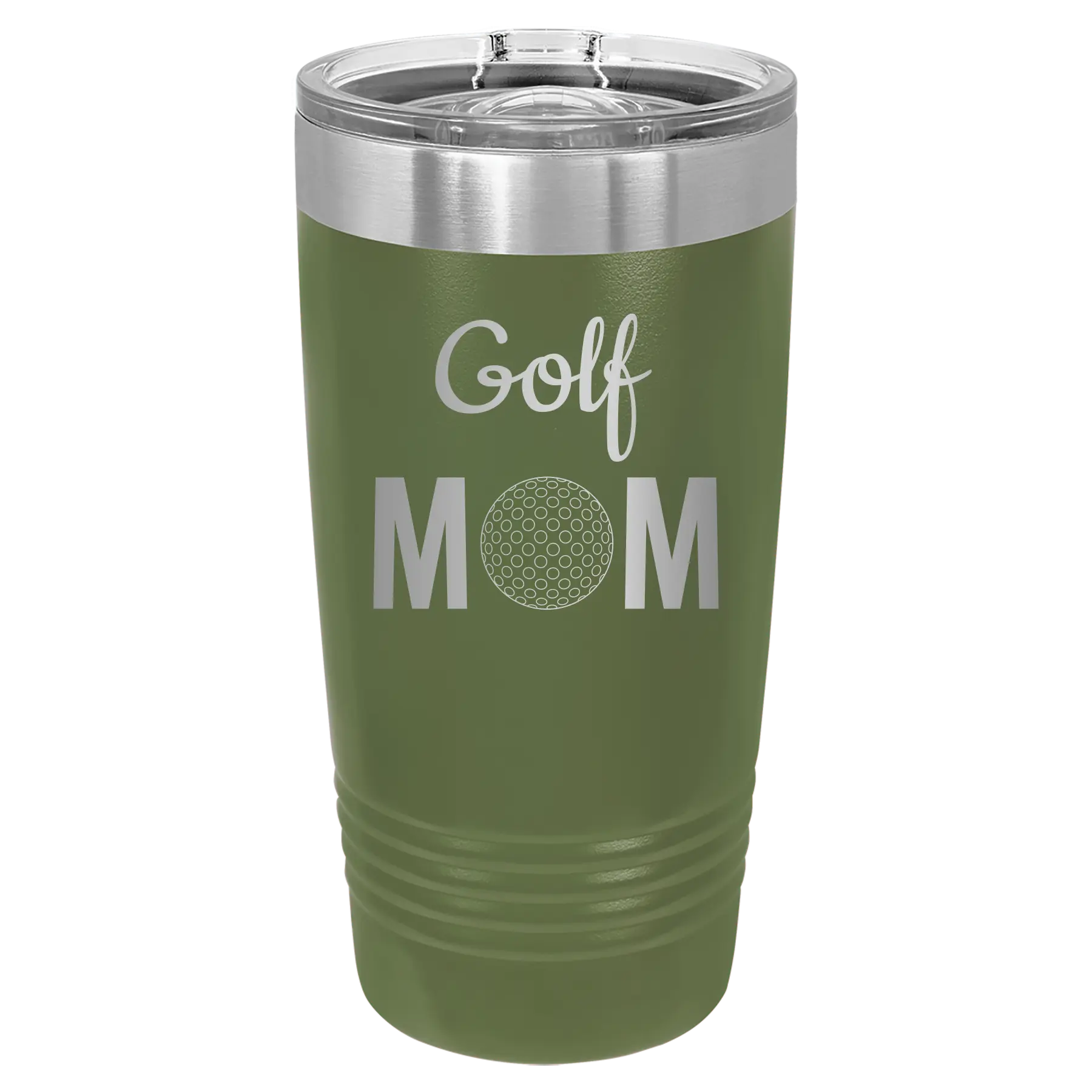 Laser etched olive green 20 oz vacuum insulated tumbler with 'Mom Golf2' design
