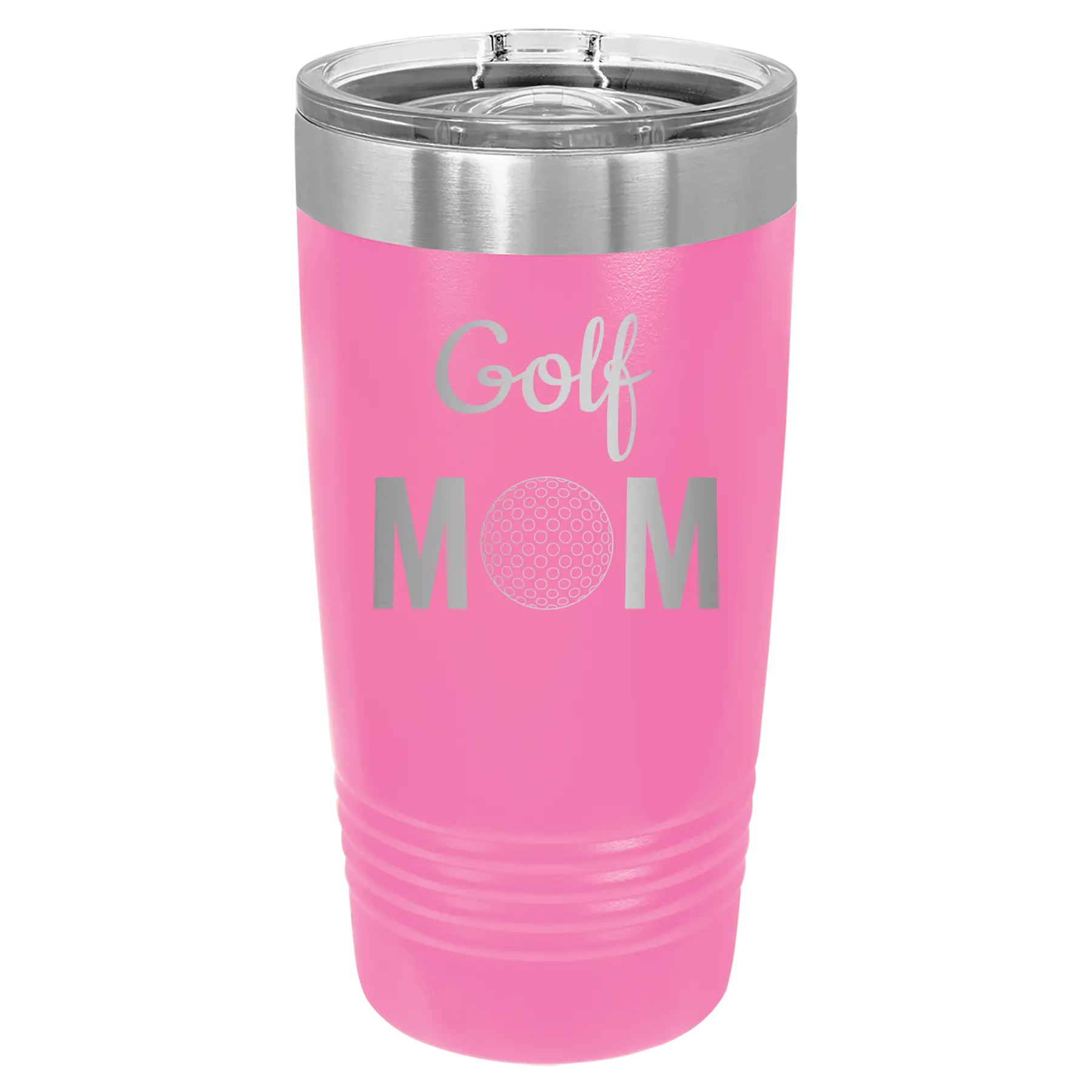Laser etched pink 20 oz vacuum insulated tumbler with 'Mom Golf2' design