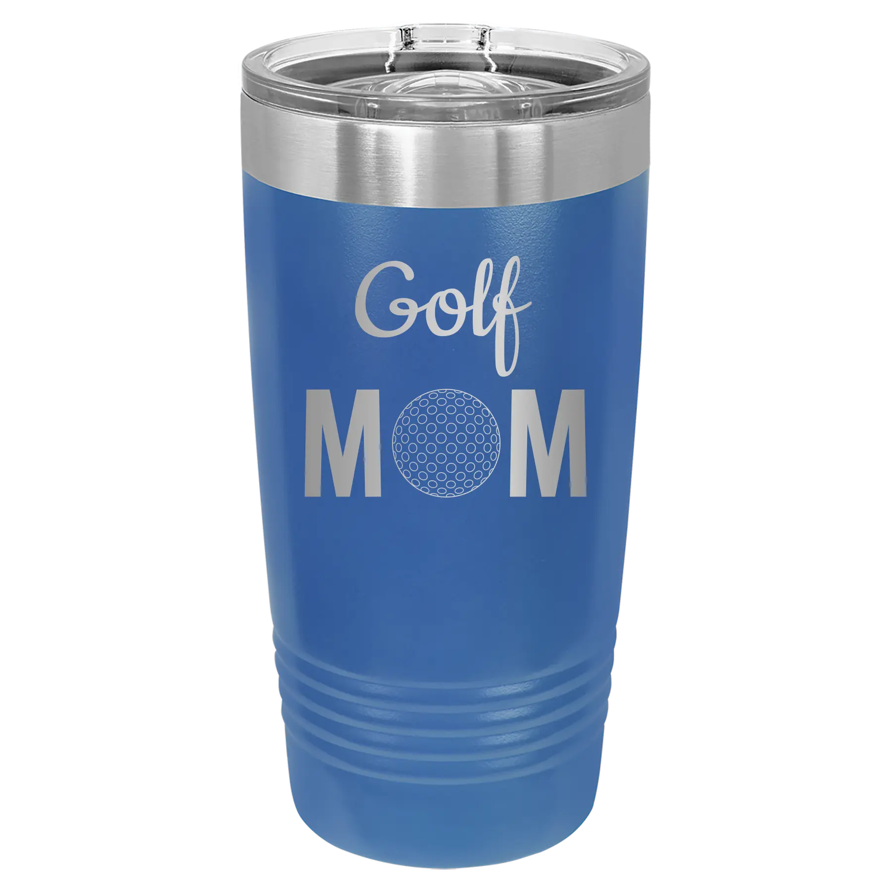 Laser etched royal blue 20 oz vacuum insulated tumbler with 'Mom Golf2' design