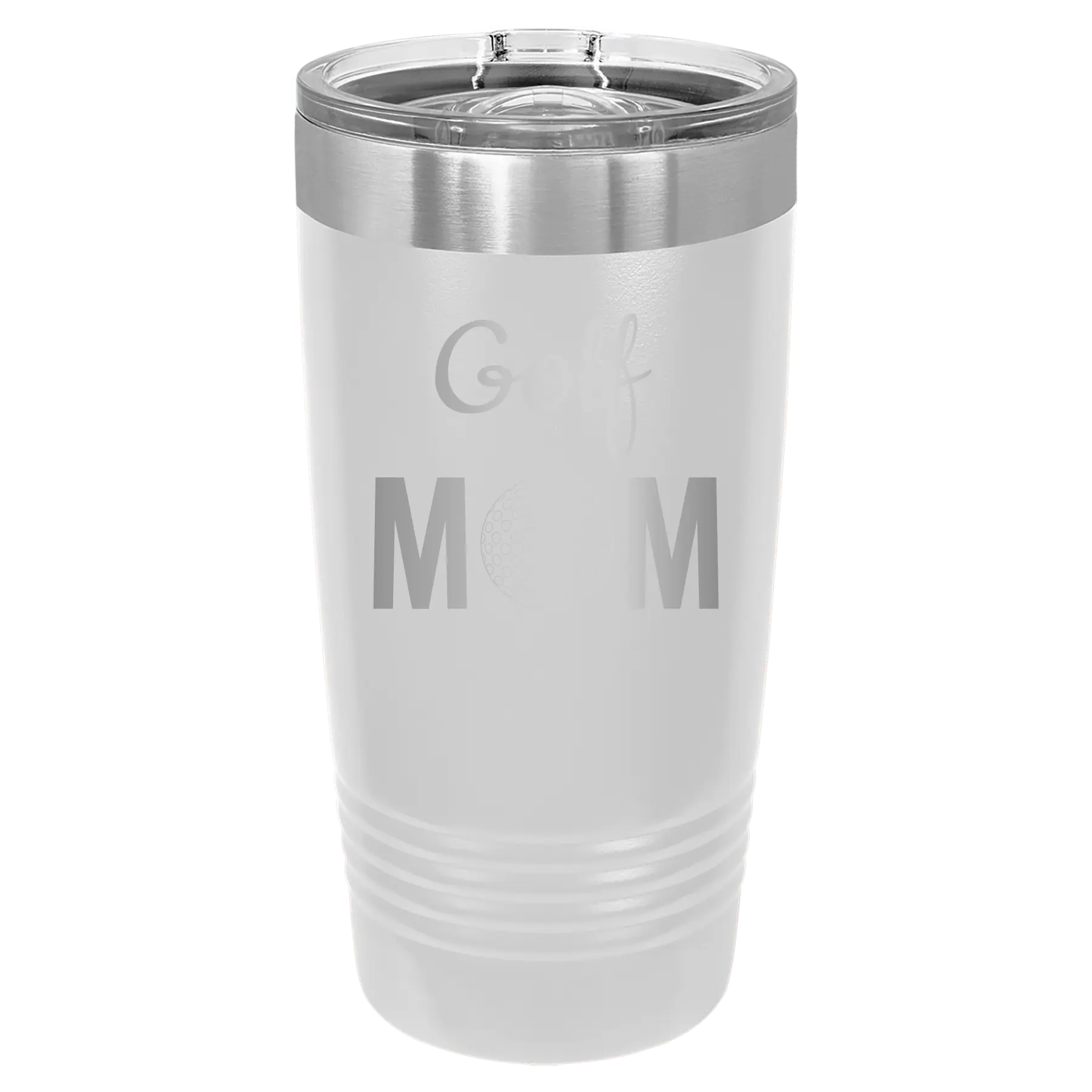 Laser etched white 20 oz vacuum insulated tumbler with 'Mom Golf2' design