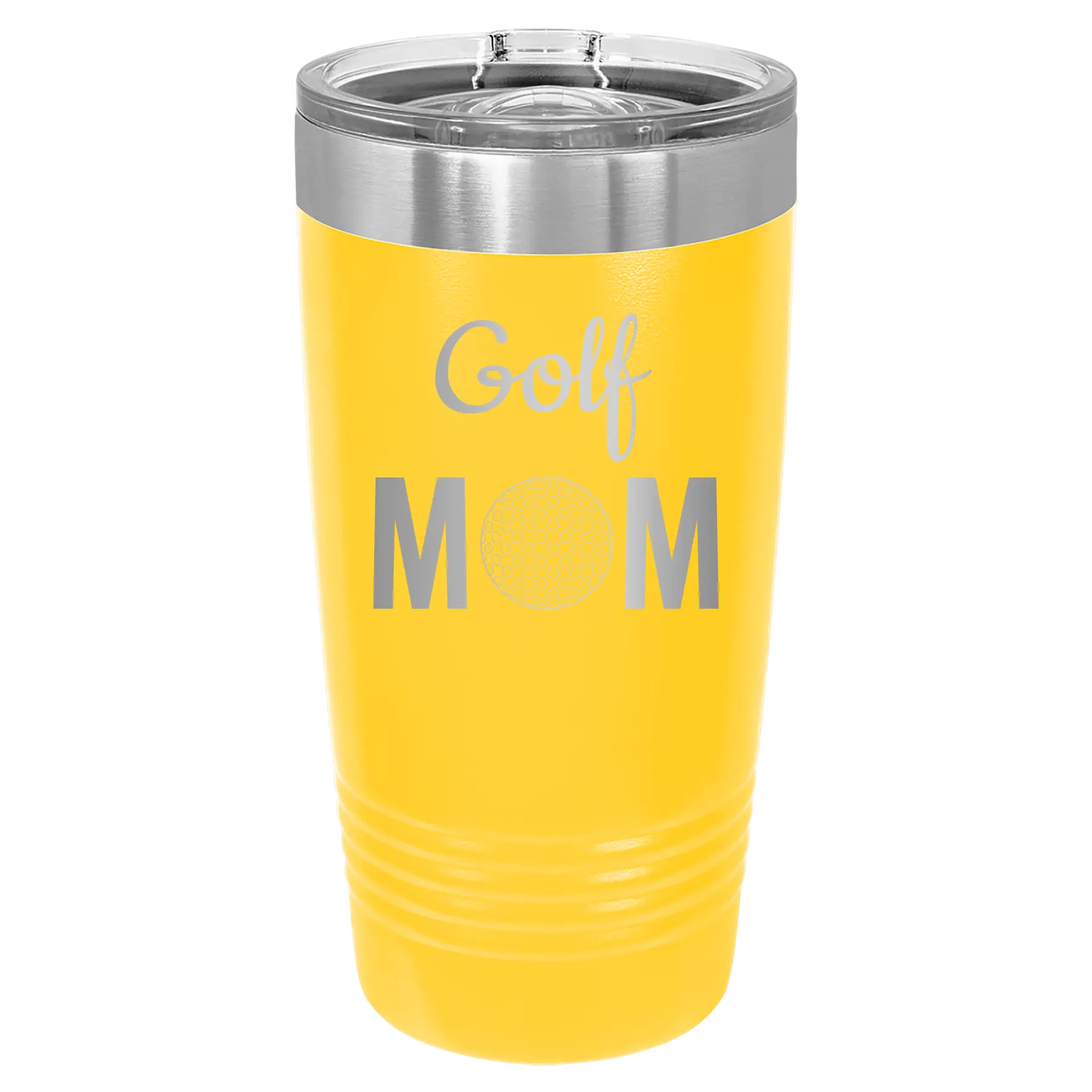 Laser etched yellow 20 oz vacuum insulated tumbler with 'Mom Golf2' design