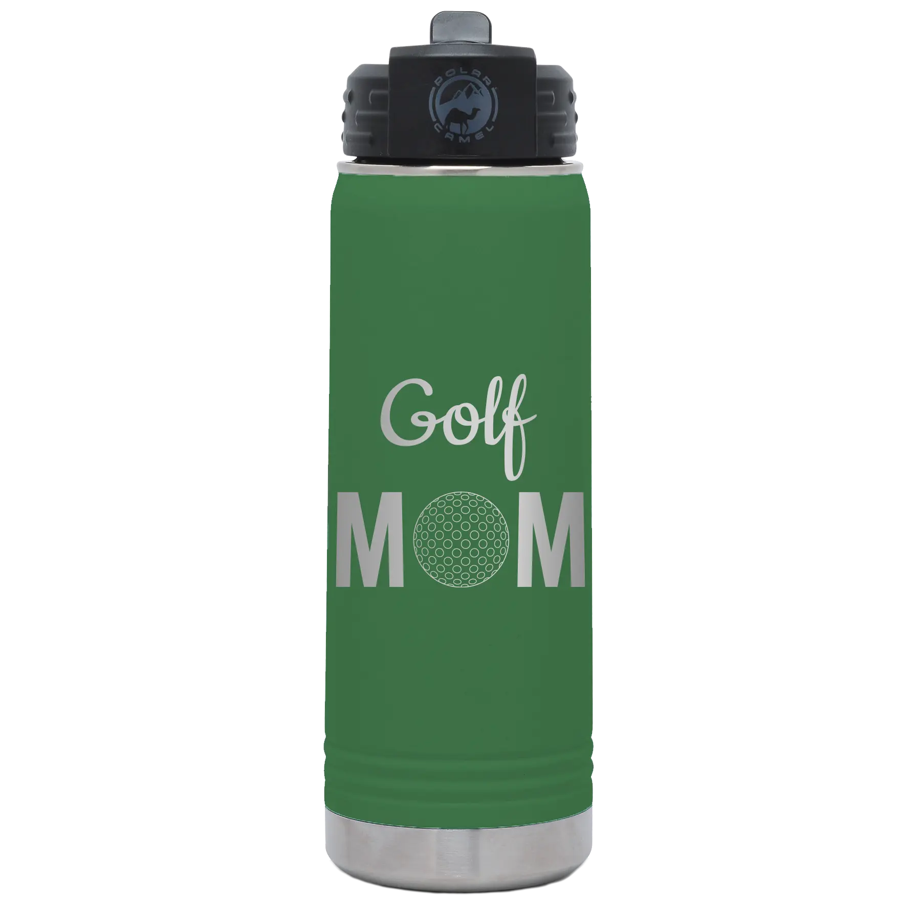 Laser etched green 20 oz vacuum insulated water bottle with 'Mom Golf2' design