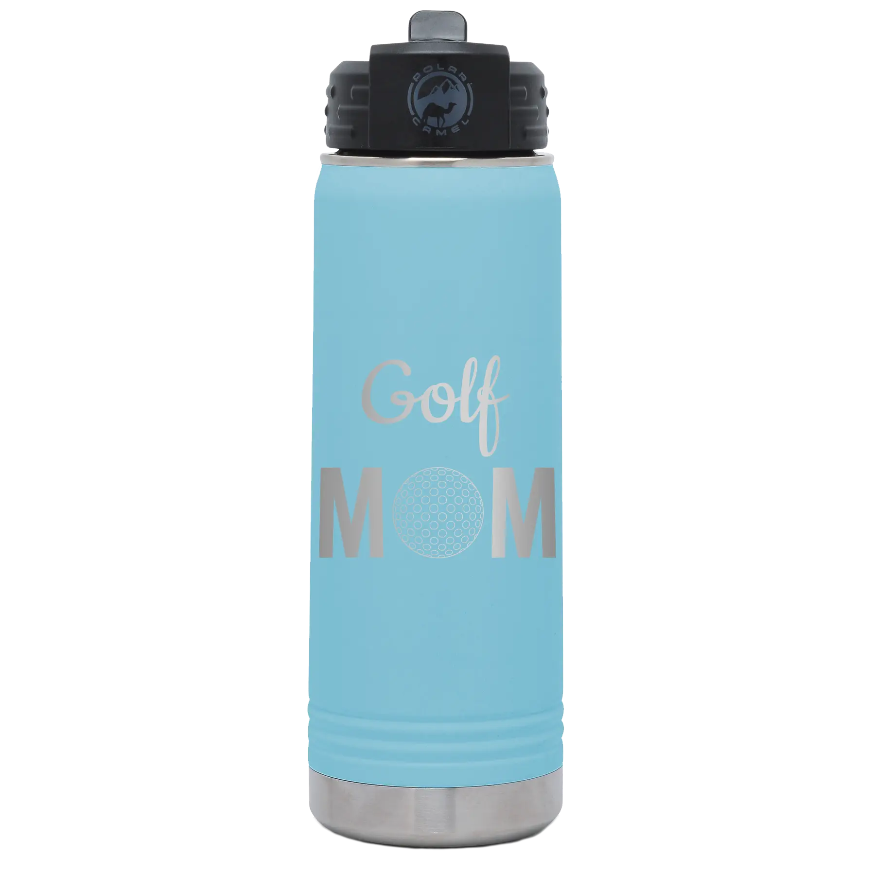 Laser etched light blue 20 oz vacuum insulated water bottle with 'Mom Golf2' design