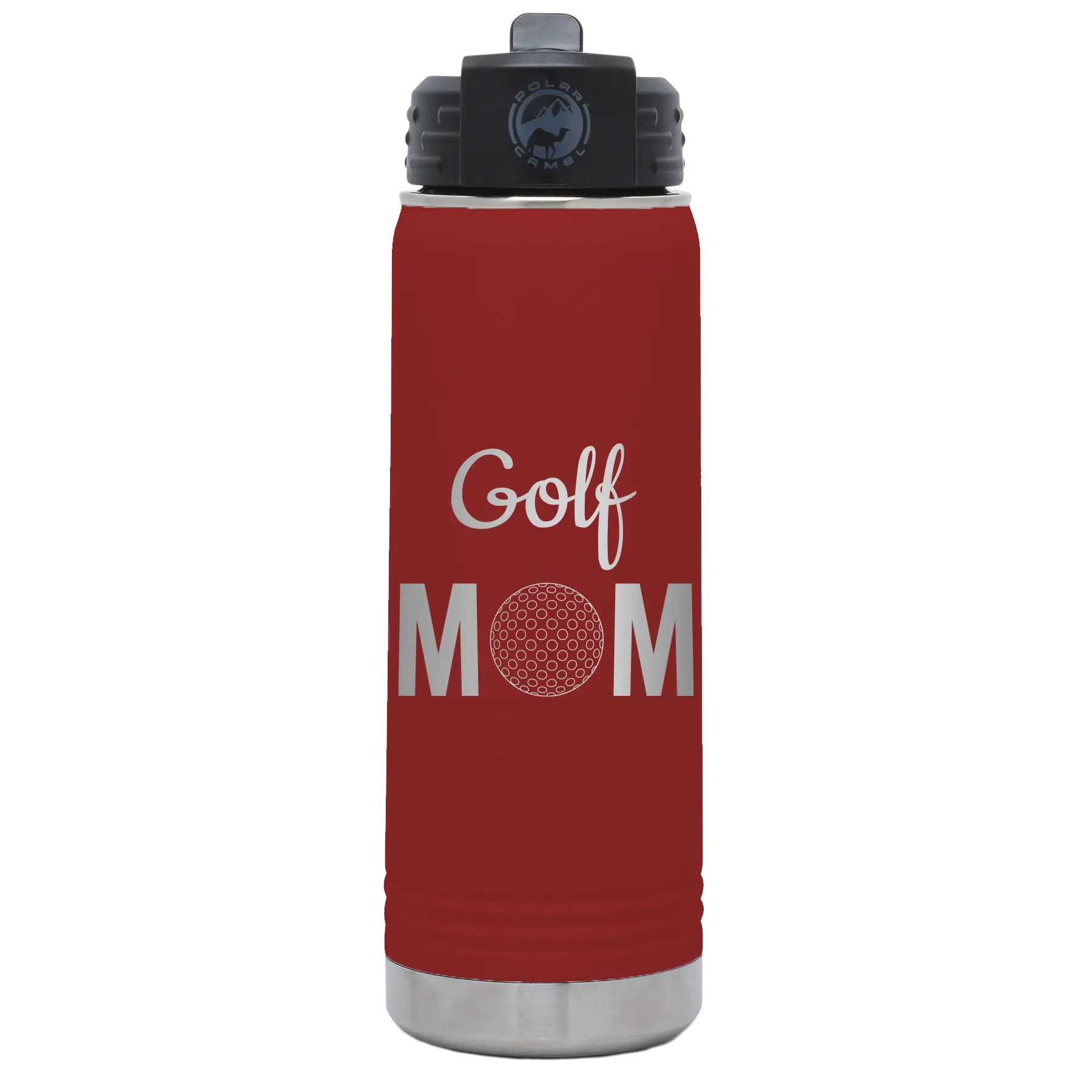 Laser etched maroon 20 oz vacuum insulated water bottle with 'Mom Golf2' design
